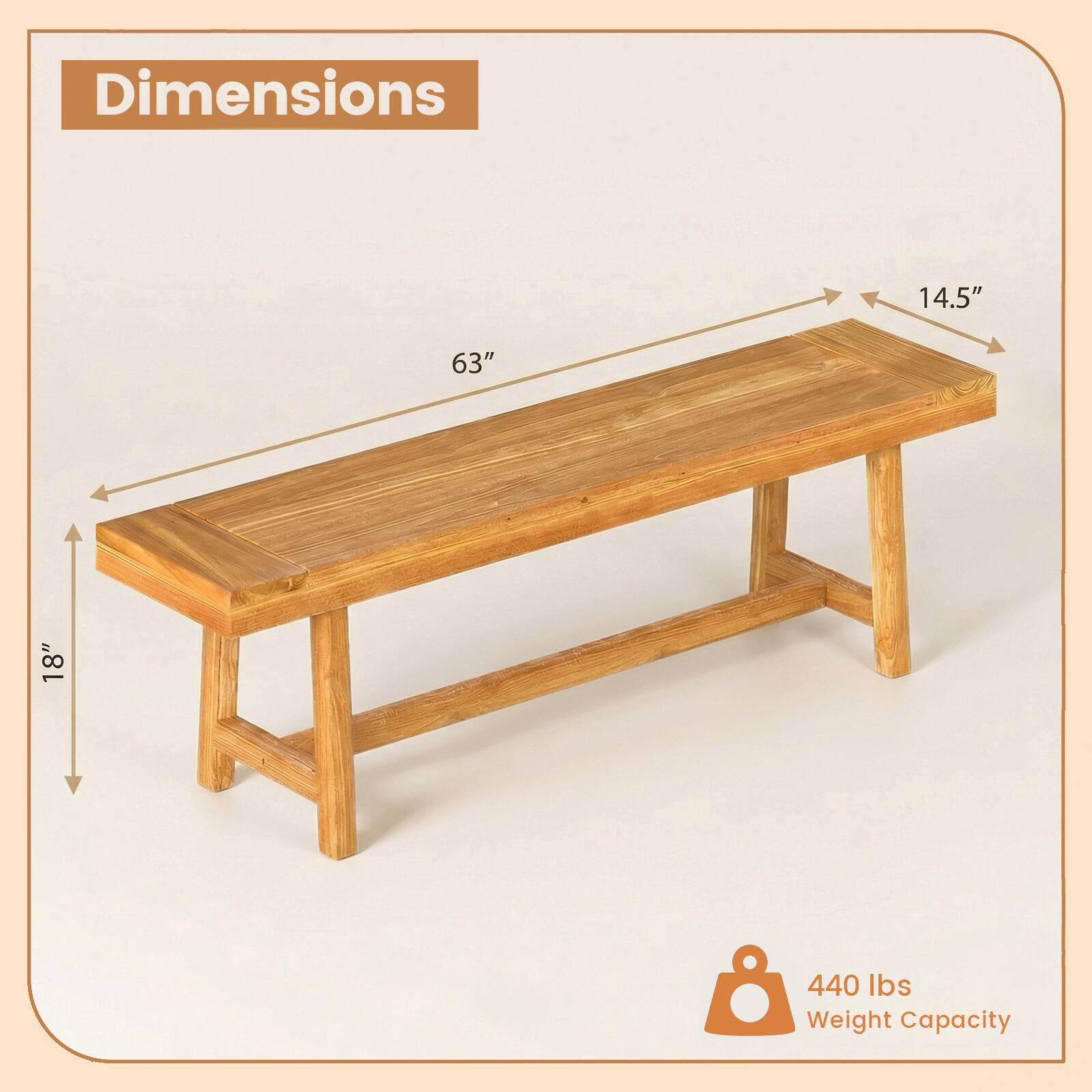 Dimensions: 63" x 14.5" x 18"  
Weight Capacity: 440 lbs