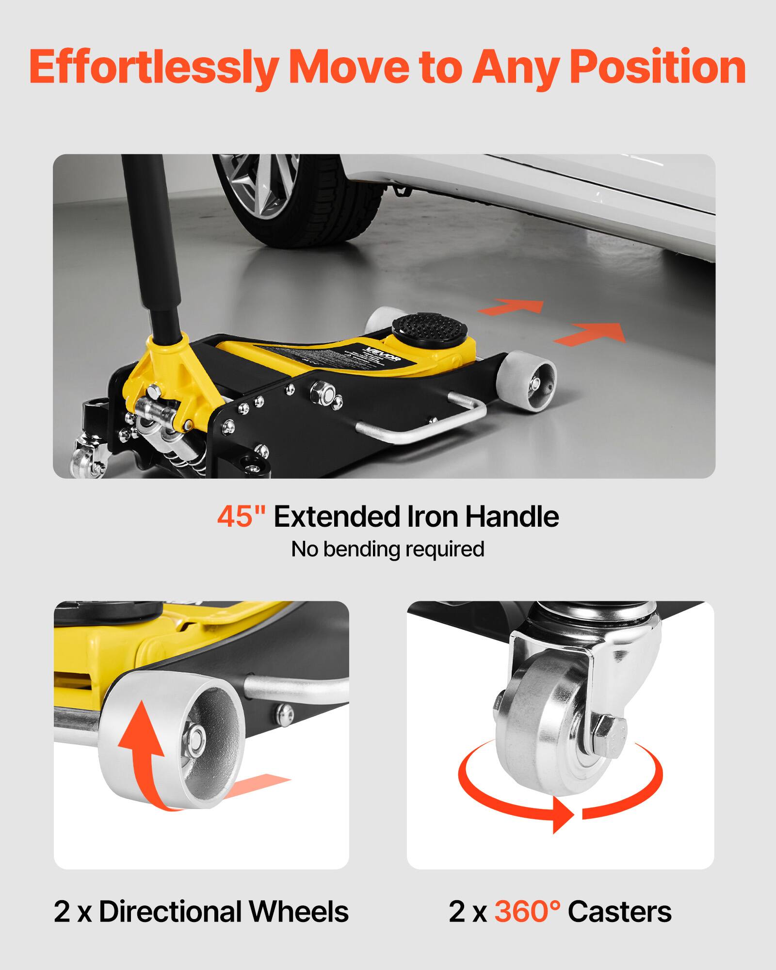 Effortlessly Move to Any Position

45" Extended Iron Handle
No bending required

2 x Directional Wheels
2 x 360° Casters