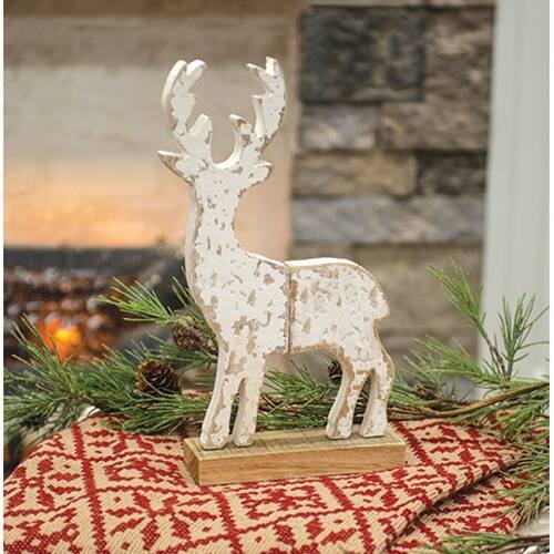 Angle. BreeBe - *Distressed Wooden Snowy Reindeer on Base - White.