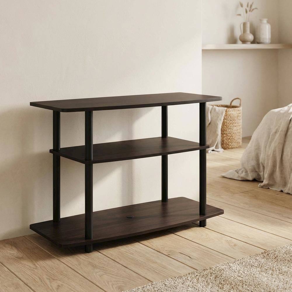 Alt View 2. FurniFact - Dark Walnut TV stand with 3-tier open shelves and modern design - Brown Black.