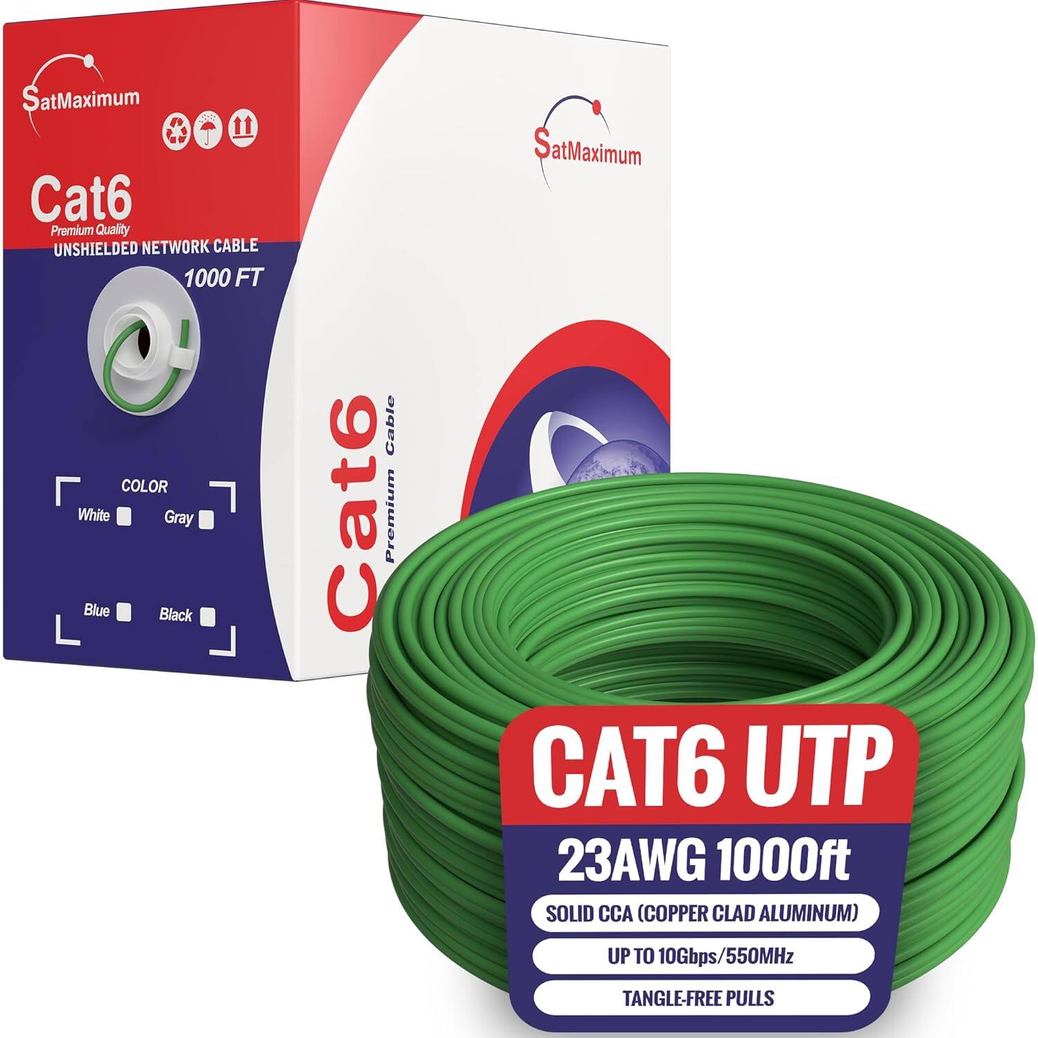 SatMaximum Cat6 Premium Quality UNSHIELDED NETWORK CABLE 1000 FT COLOR White Gray Blue Black Cable Cat6 Premium SatMaximum CAT6 UTP 23AWG 1000ft SOLID CCA (COPPER CLAD ALUMINUM) UP TO 10Gbps/550MHz TANGLE-FREE PULLS