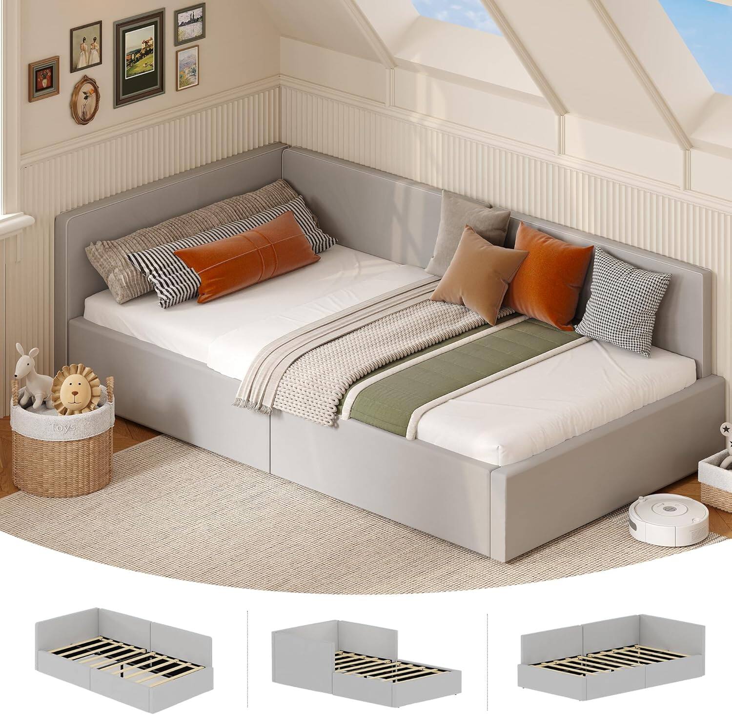 Front. Homhougo - Twin Daybed with Guardrails, Velvet Upholstered Corner Bed Frame, Adjustable Headboard, No Box Spring Needed - Grey.