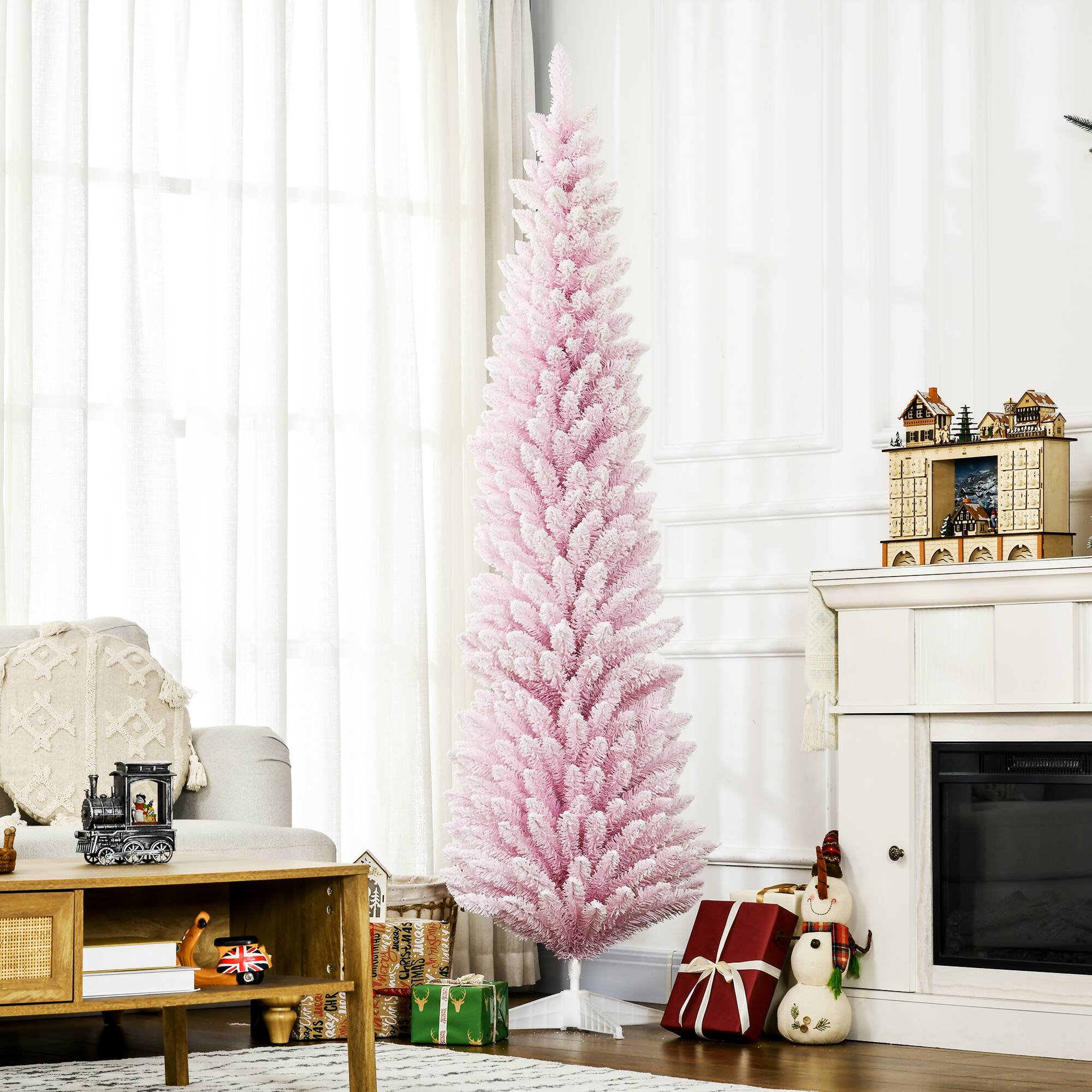 Alt View 1. Homcom - Snow Flocked Slim Pencil Artificial Christmas Tree, Realistic Branches Plastic Base - Pink.