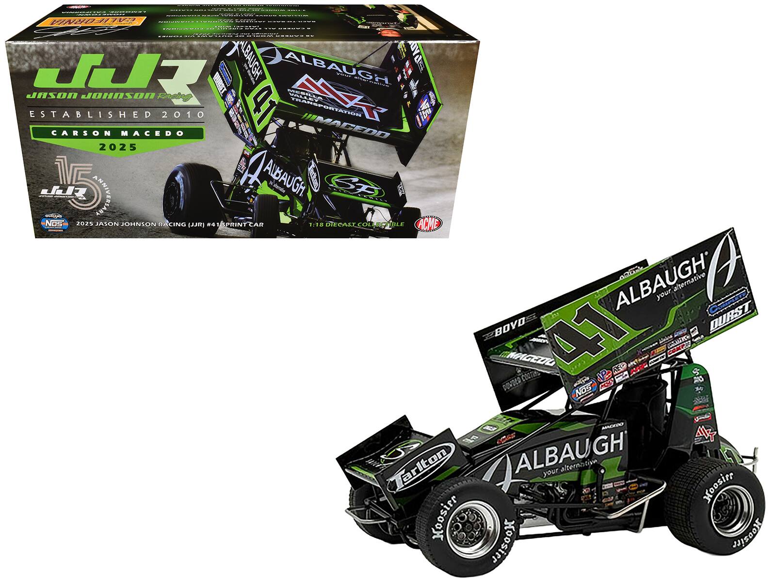 Sure, here is the corrected and grouped text from the image:
---
**Box:**
- JASON JOHNSON RACING
- ESTABLISHED 2010
- CARSON MACEDO
- 2025
- 15th ANNIVERSARY
- 2025 JASON JOHNSON RACING (JJR) #41 SPRINTCARS
- 1:18 DIECAST COLLECTIBLE
- ACME
- NOS
- ALBAUGH
- SP
- DURST
- BOYD
- FERTON
- KOOSIER
- ACME
- TRANSPORTATION
- WILSON
- YOUR ALTERNATIVE
- 1:18 DIECAST COLLECTIBLE
**Car:**
- ALBAUGH
- YOUR ALTERNATIVE
- 41
- SP
- DURST
- BOYD
- FERTON
- KOOSIER
- ACME
- TRANSPORTATION
- WILSON
- NOS
- 1:18 DIECAST COLLECTIBLE
**Additional Text:**
- JASON JOHNSON RACING
-