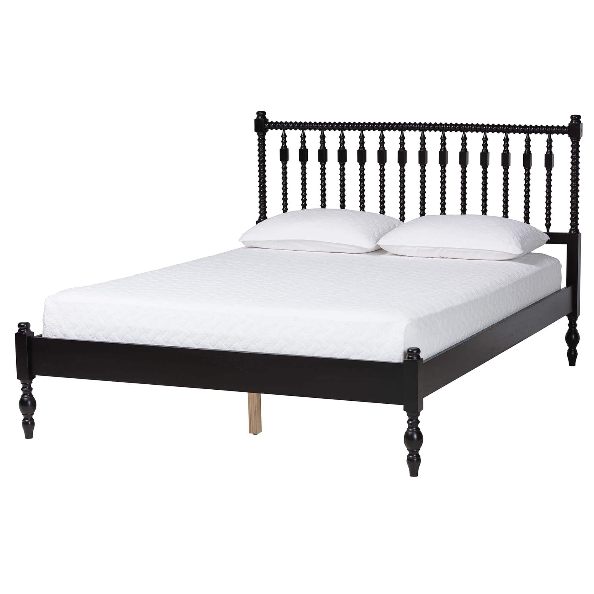 Baxton Studio - Callison Spindle Platform Bed - Turned Farmhouse Bed Frame with Spoked Headboard and Sculpted Legs, Queen - Black