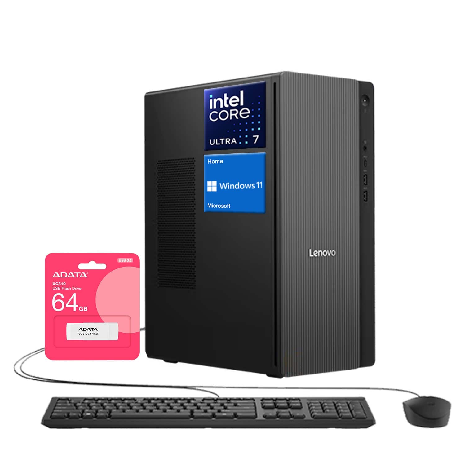 Lenovo - IdeaCentre Desktop - Intel Core Ultra 7 265 64GB RAM - 4TB SSD - Adata UC310 64GB USB Flash Drive & Wired KB & Mouse - Gray