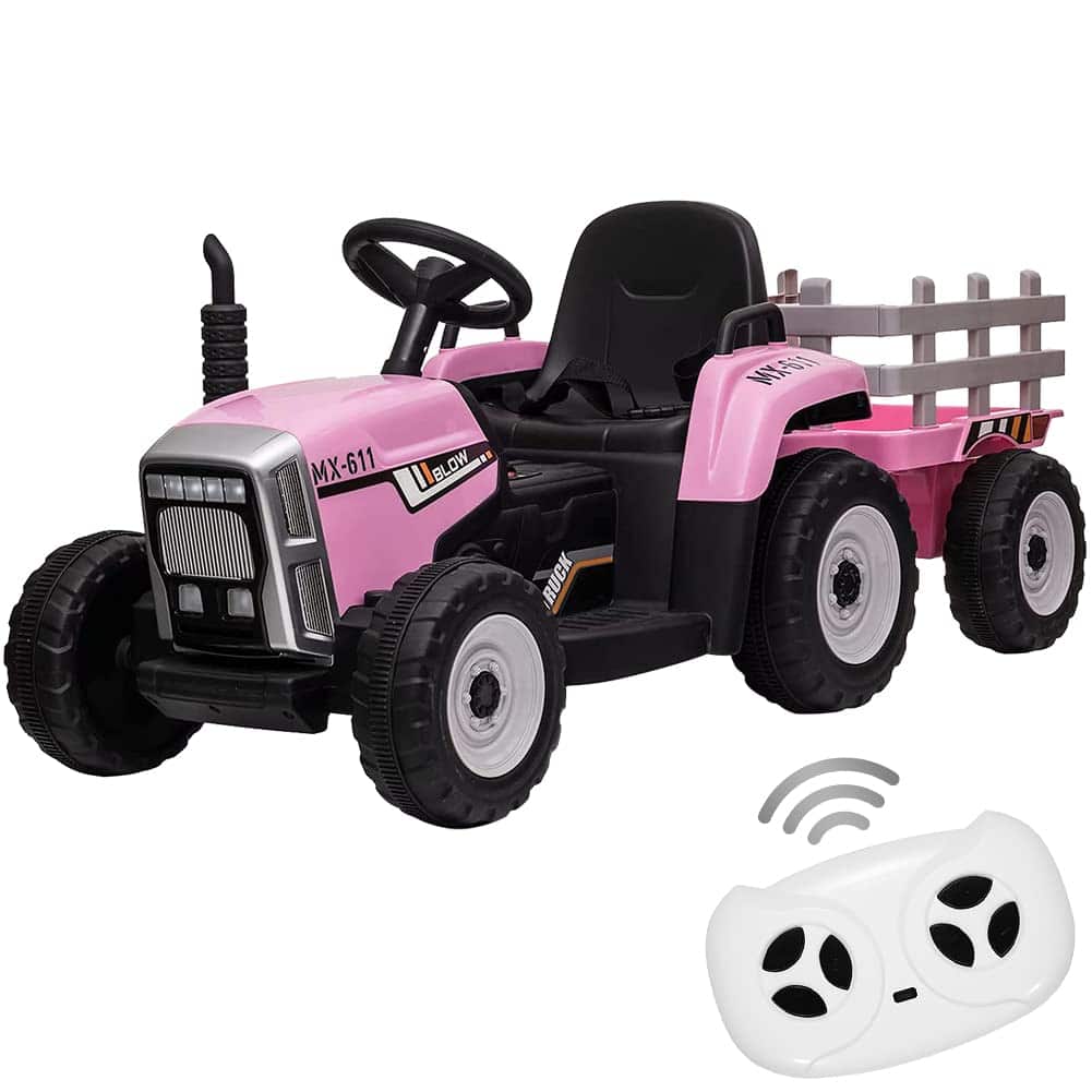 Acekool - 12V Kids Ride On Tractor with Trailer & Remote Control,25W - Light Pink