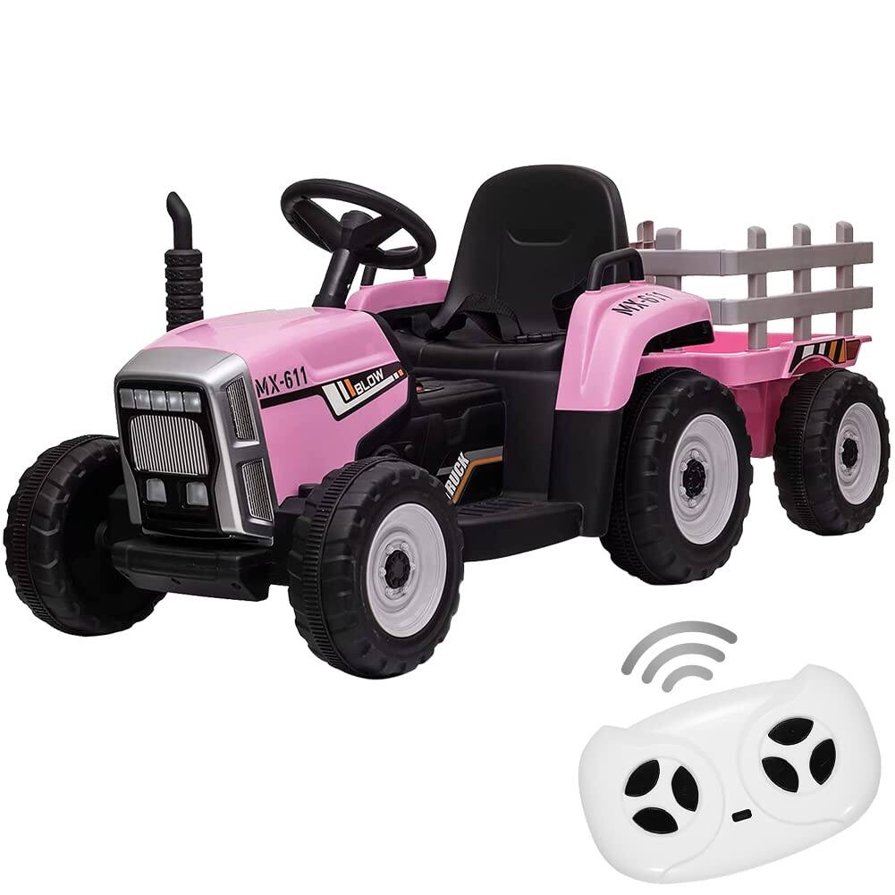 GARVEE - 12V Kids Ride On Tractor with Trailer & Remote Control,25W - Light Pink