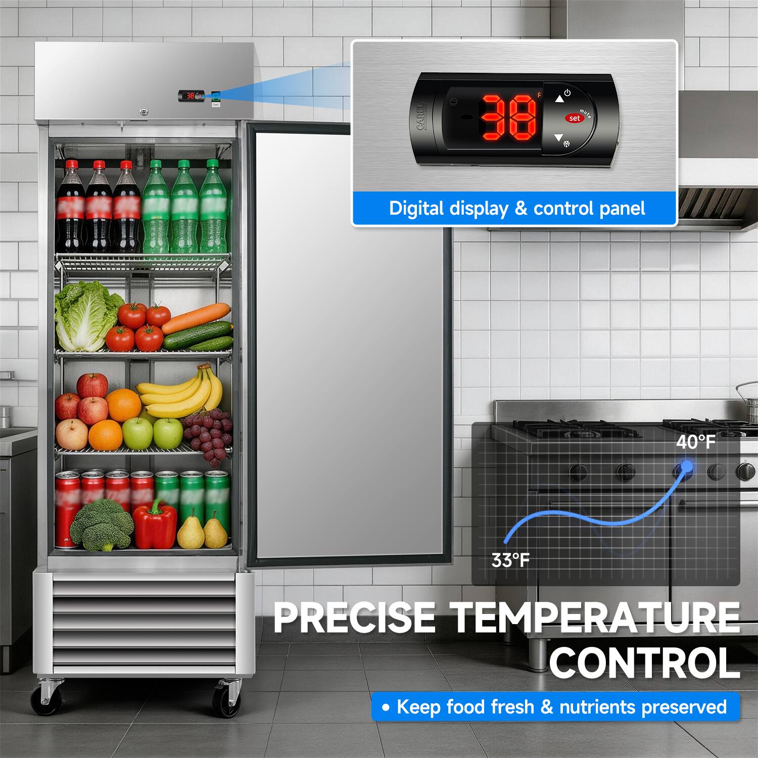 M CvE 38 s4t  
Digital display & control panel  
40°F 33°F  
PRECISE TEMPERATURE CONTROL  
Keep food fresh & nutrients preserved
