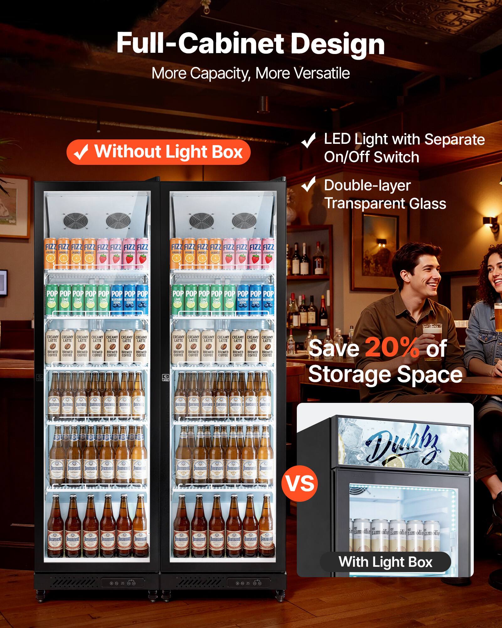 Full-Cabinet Design  
More Capacity, More Versatile  
Without Light Box  
LED Light with Separate On/Off Switch  
Double-layer Transparent Glass  

Save 20% of Storage Space  

VS  

With Light Box