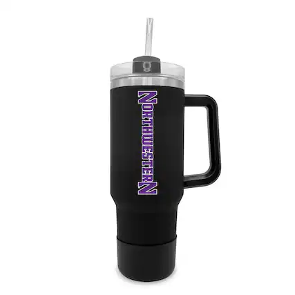 Front. The Fanatic Group - Northwestern Wildcats 40oz. Stainless Tumbler with Handle & Removable Straw - Black.