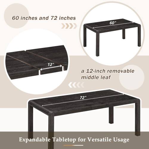 60 inches and 72 inches  
60"  
a 12-inch removable middle leaf  
72"  
Expandable Tabletop for Versatile Usage