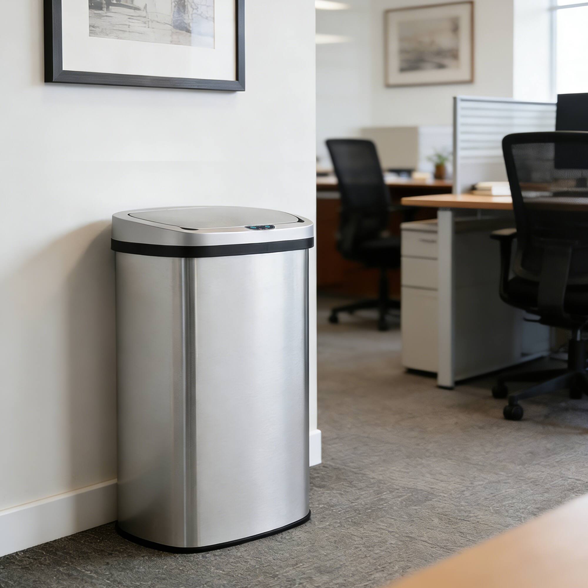 Alt View 4. Innovaze - 16-Gallon Touchless Motion Sensor Trash Can, Oval Stainless Steel Kitchen Garbage Can with Stay-Open Lid - Silver.