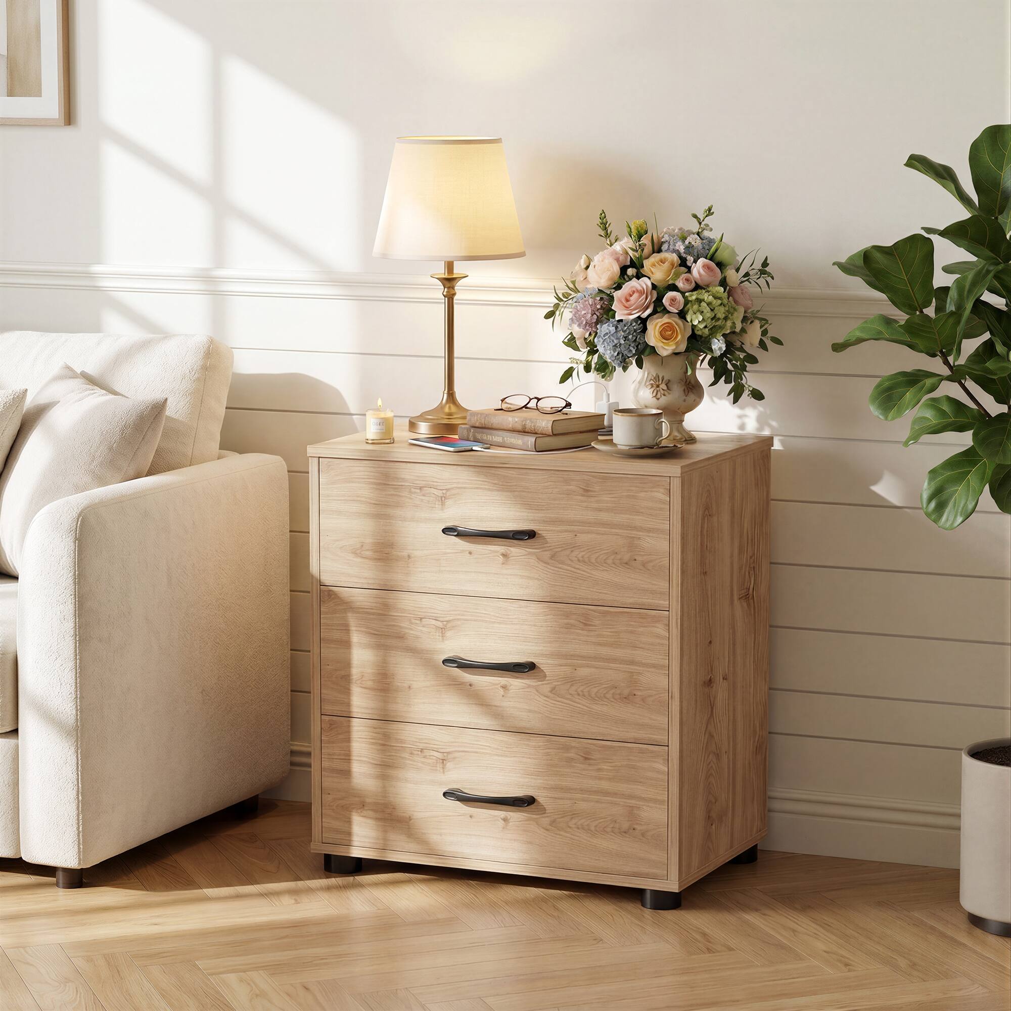 Alt View 4. Aheaplus - Nightstand with 3 Drawers and Charging Station, 21.6'' Wide Bedside for Storage - Nature Oak.