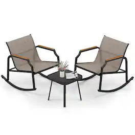 Boyel Living - 3 Piece Patio Rocking Bistro Set with Tempered Glass Coffee Table and Armrests for 35-in L x 29-in W x 27-in H - Brown