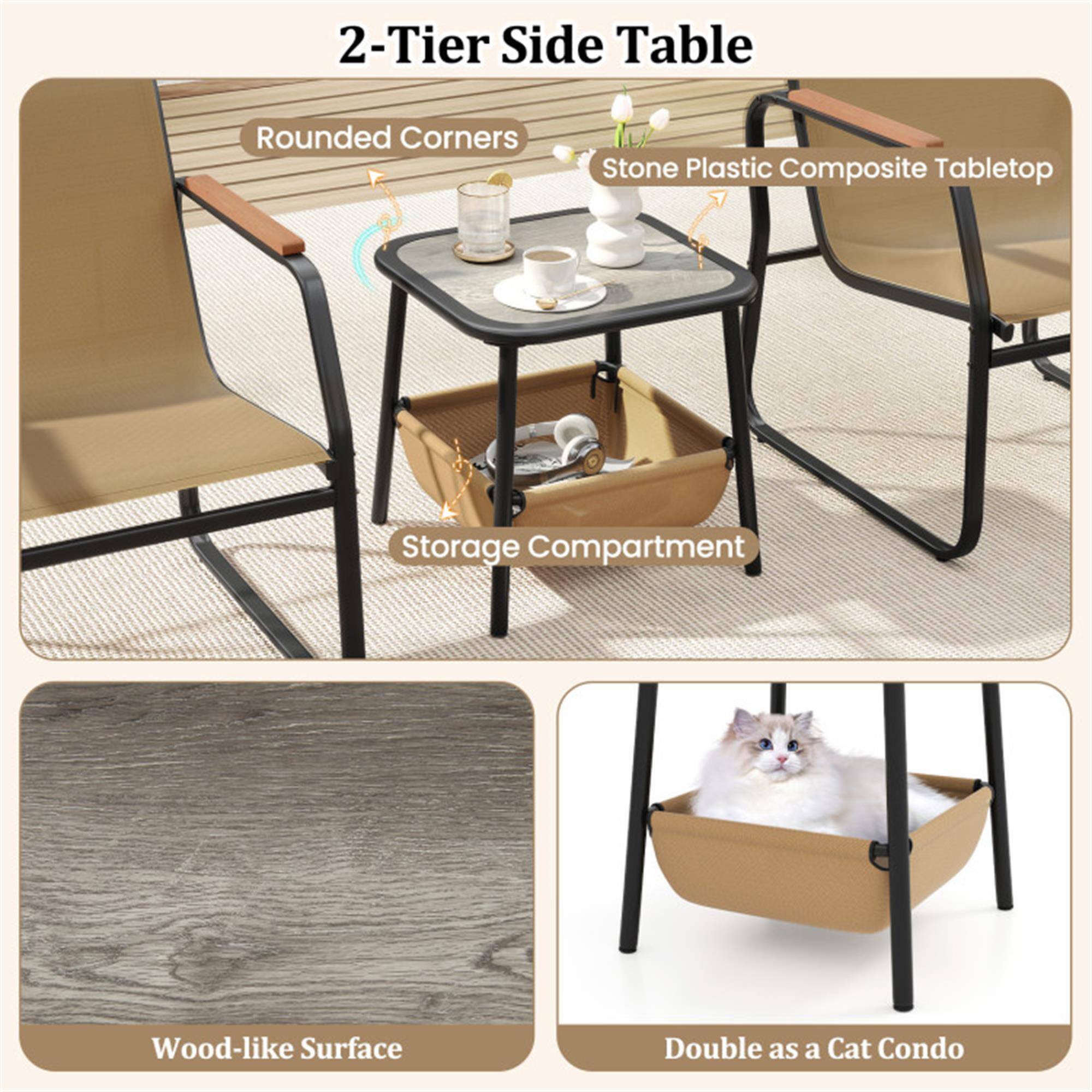2-Tier Side Table

- Rounded Corners
- Stone Plastic Composite Tabletop
- Storage Compartment
- Wood-like Surface
- Double as a Cat Condo