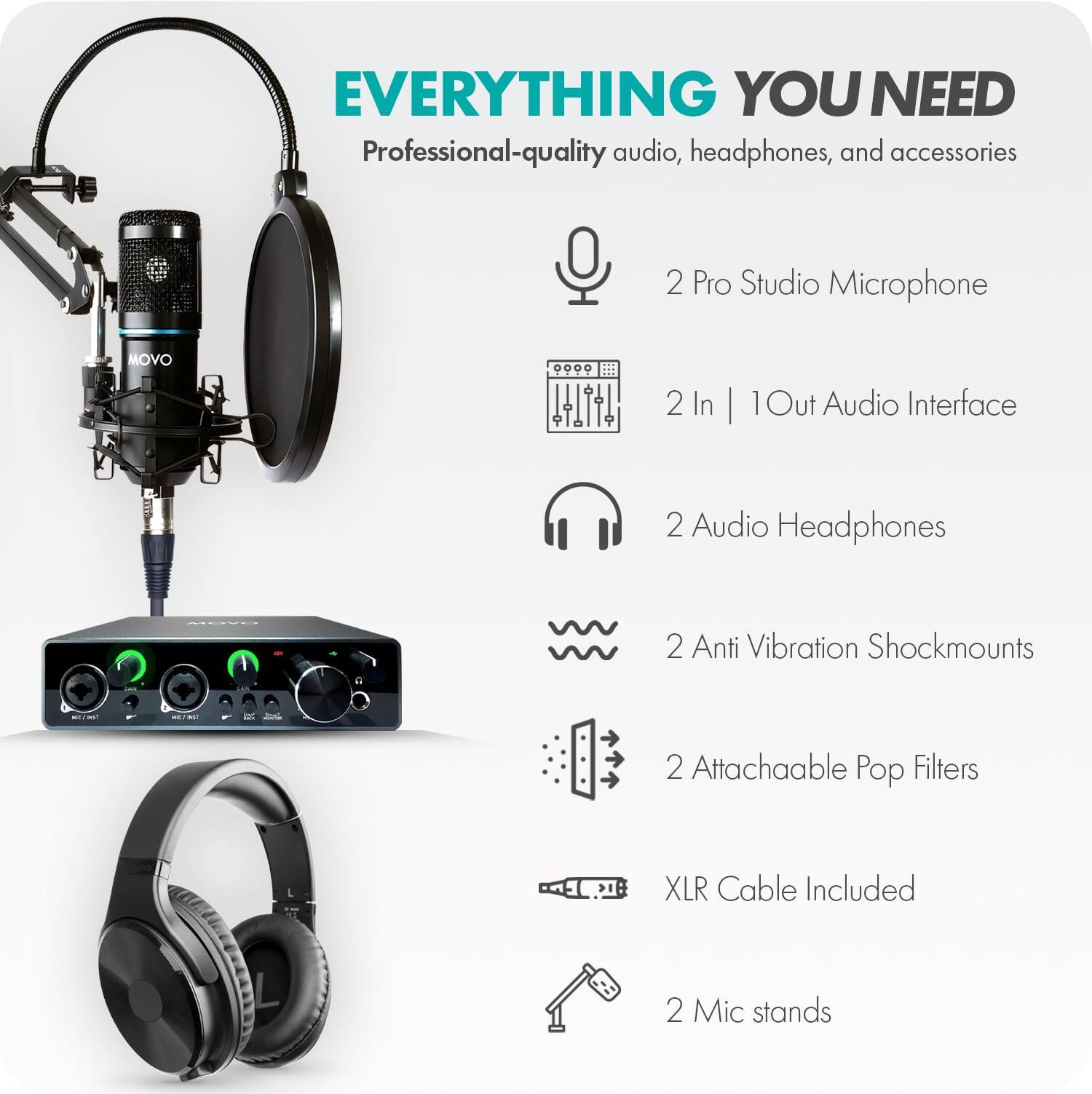 **EVERYTHING YOU NEED**

Professional-quality audio, headphones, and accessories

- 2 Pro Studio Microphone
- 2 In | 1 Out Audio Interface
- 2 Audio Headphones
- 2 Anti Vibration Shockmounts
- 2 Attachable Pop Filters
- XLR Cable Included
- 2 Mic stands