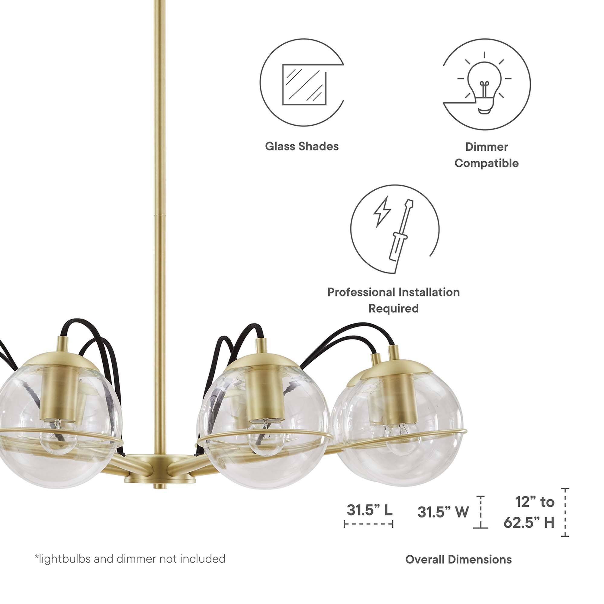Glass Shades  
Dimmer Compatible  
Professional Installation Required  

Overall Dimensions:  
31.5" L x 31.5" W x 12" to 62.5" H  

*Lightbulbs and dimmer not included