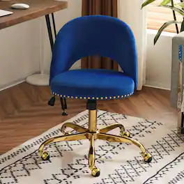 Winado - Modern Velvet Cute Desk Chair with Wheels,Gold Base/Studs, Comfy Armless Swivel Vanity Task Nail Tech Chair for Bedroom - Navy Blue
