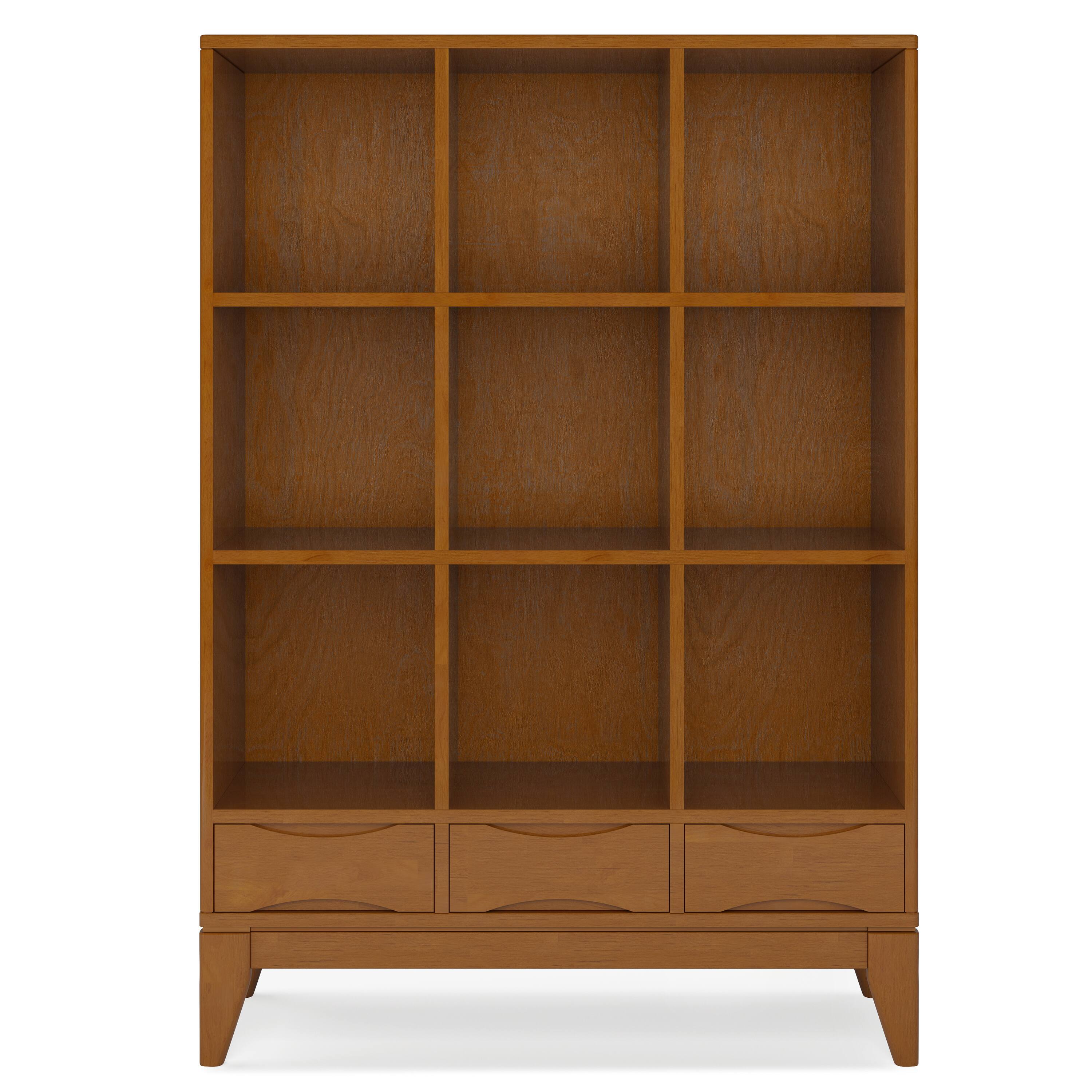 Left. Simpli Home - Harper SOLID HARDWOOD 58 inch x 42 inch Mid Century Modern Cube Storage Bookcase with Drawers in Teak Brown - Teak Brown.
