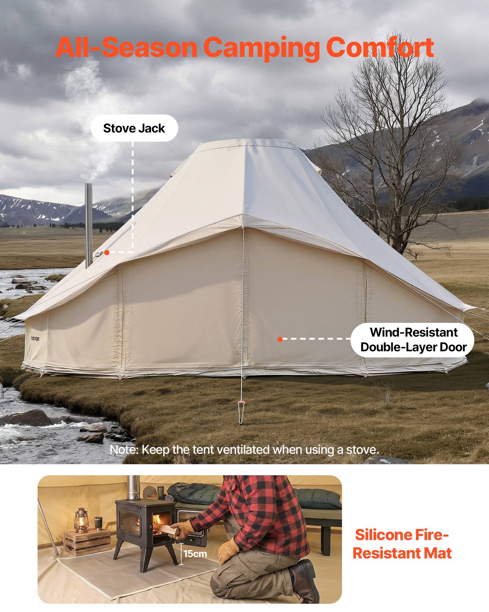 All-Season Camping Comfort Stove Jack - Wind-Resistant Double-Layer Door

Note: Keep the tent ventilated when using a stove.

15cm Silicone Fire-Resistant Mat