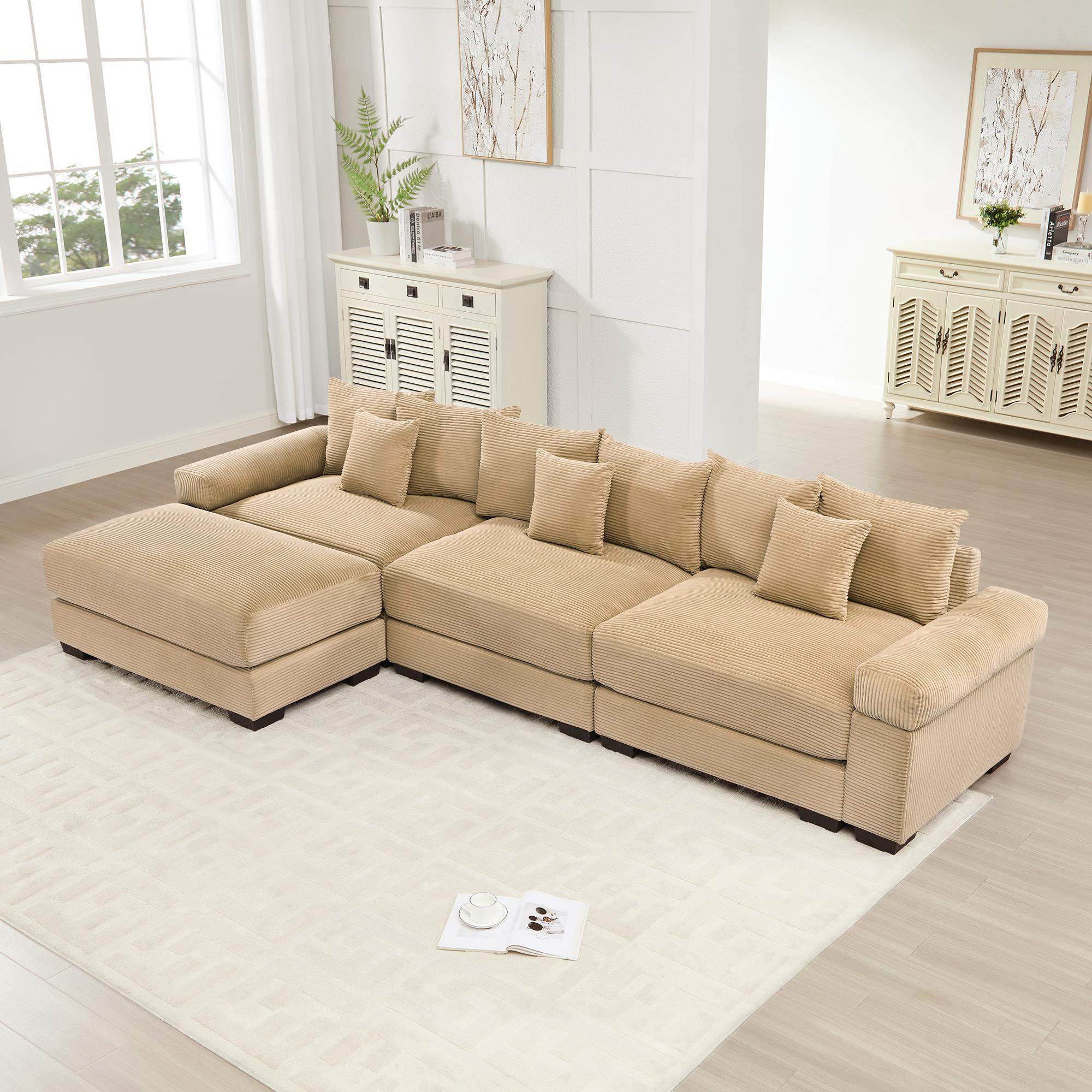 Back. Roomtec - 130 inch Oversized Cloud Modular LShape Sectional Couch Soft Corduroy Fabricwith Ottoman Deep Seat Wide Armrest - Camel.