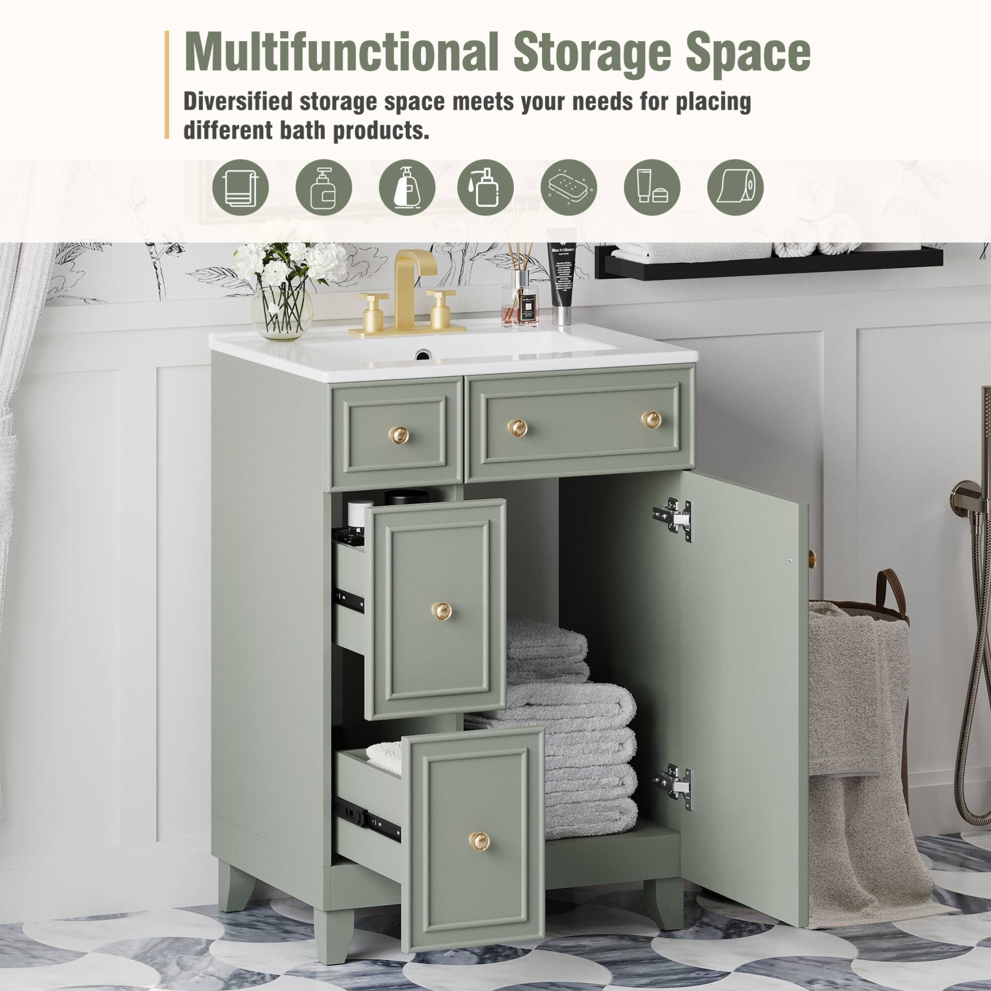 Multifunctional Storage Space  
Diversified storage space meets your needs for placing different bath products.