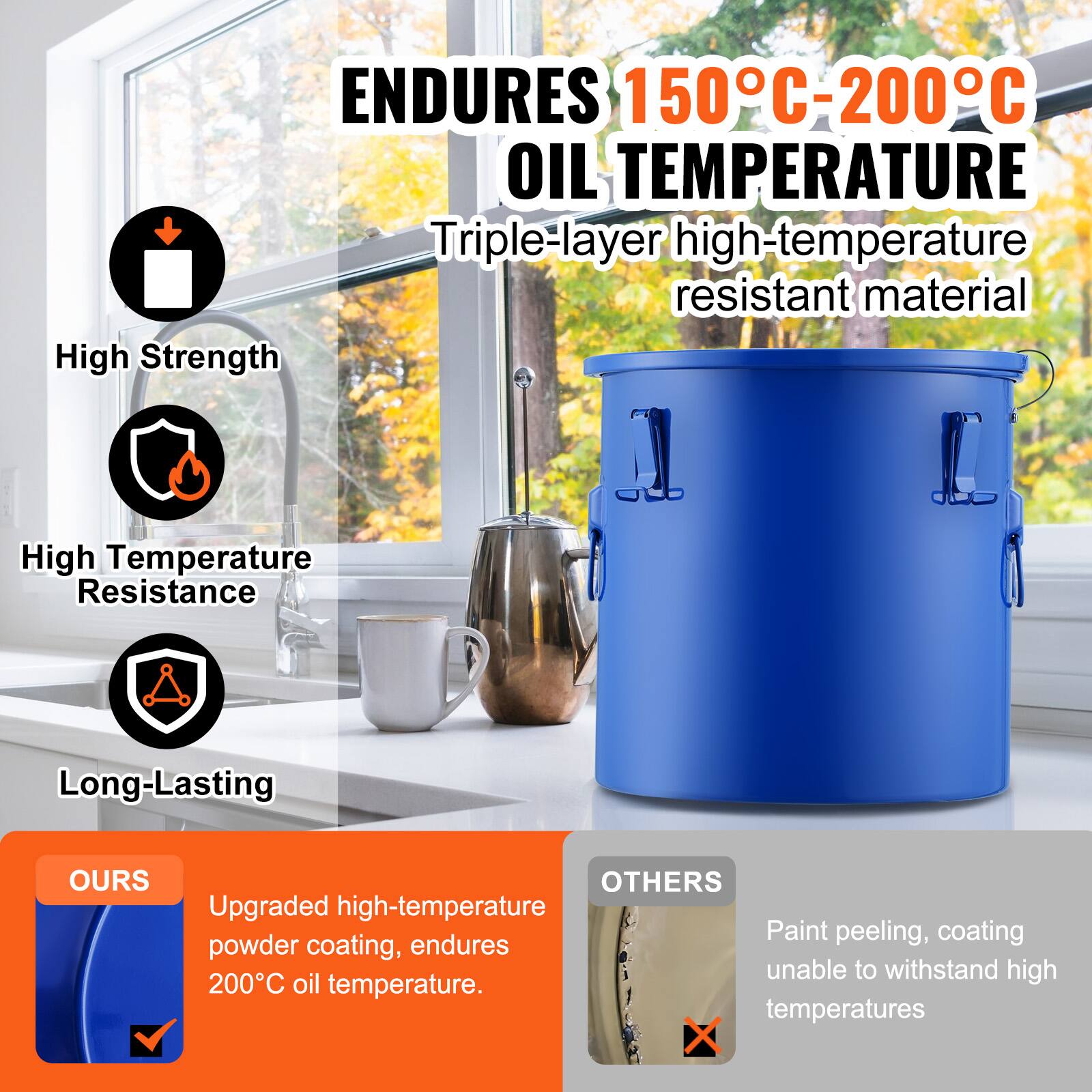 ENDURES 150°C-200°C OIL TEMPERATURE

Triple-layer high-temperature resistant material

High Strength
High Temperature Resistance
Long-Lasting

OURS
Upgraded high-temperature powder coating, endures 200°C oil temperature.

OTHERS
Paint peeling, coating unable to withstand high temperatures