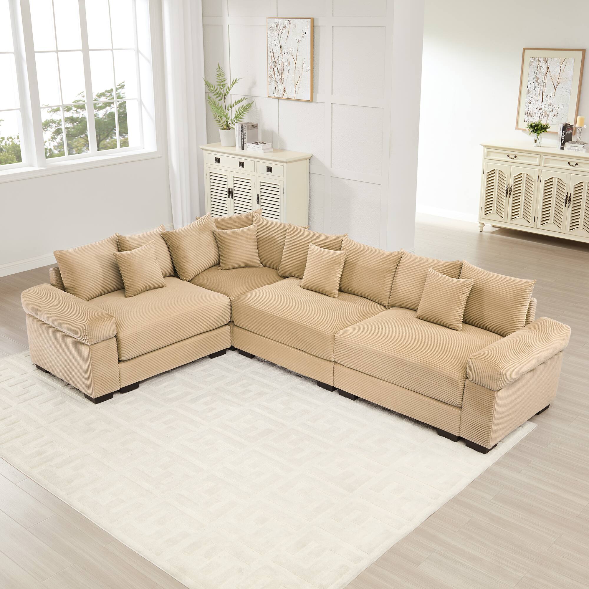 Front. LOVMOR - Modular Deep Seat Corduroy Sectional Couch Storage Ottoman Compressed Pack For Living Room Den Soft Home TV XL - Camel.