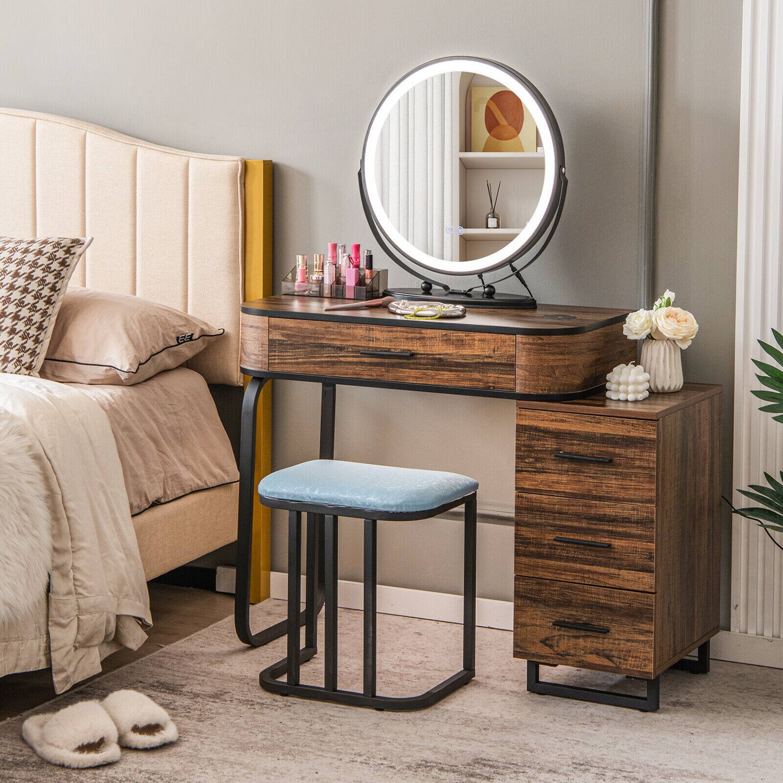 Alt View 8. Ecooso - 3-Color Vanity Table Set with Lighted Mirror and Charging Station for Bedroom Makeup - Brown.