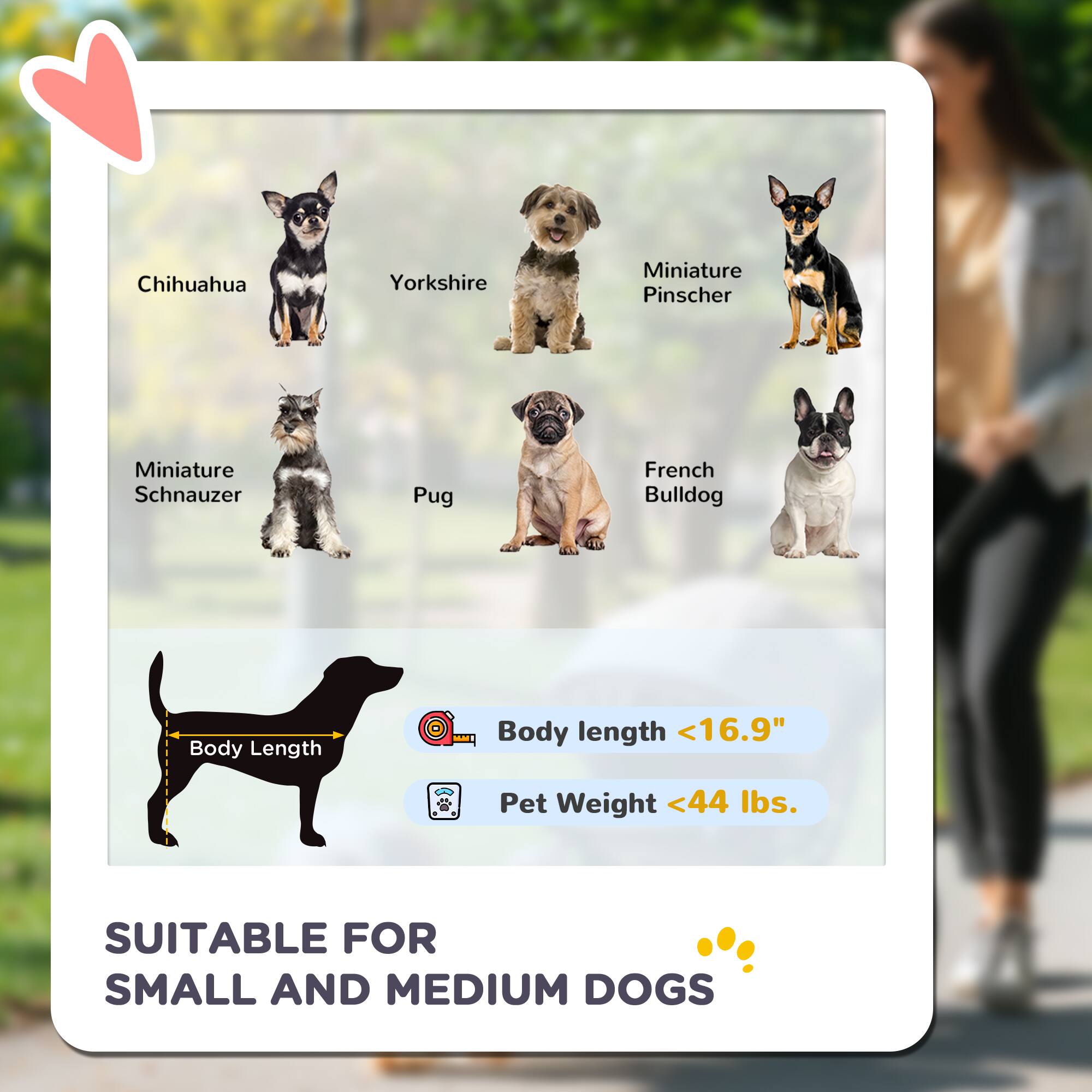 Chihuahua, Yorkshire, Miniature Pinscher, Miniature Schnauzer, Pug, French Bulldog

Body Length <16.9"

Pet Weight <44 lbs.

SUITABLE FOR SMALL AND MEDIUM DOGS