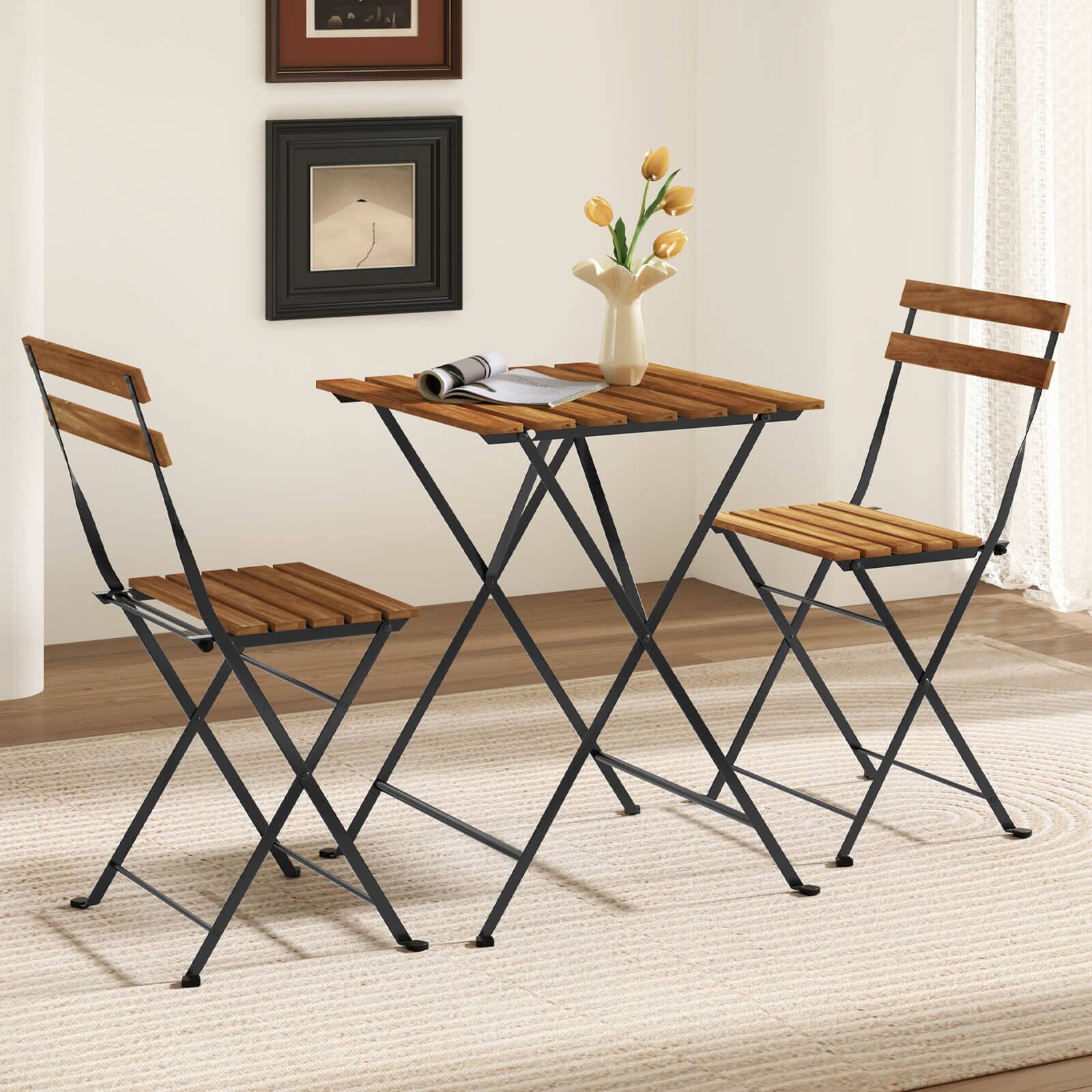 Alt View 4. Costway - Costway 3 PCS Patio Acacia Wood Bistro Set Bistro Table with 2 Folding Chairs Slatted Seat - Brown.