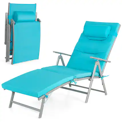 Front. Gymax - Gymax Folding Chaise Lounge Chair Recliner Cushion Pillow Adjustable Outdoor Turquoise - Turquoise.
