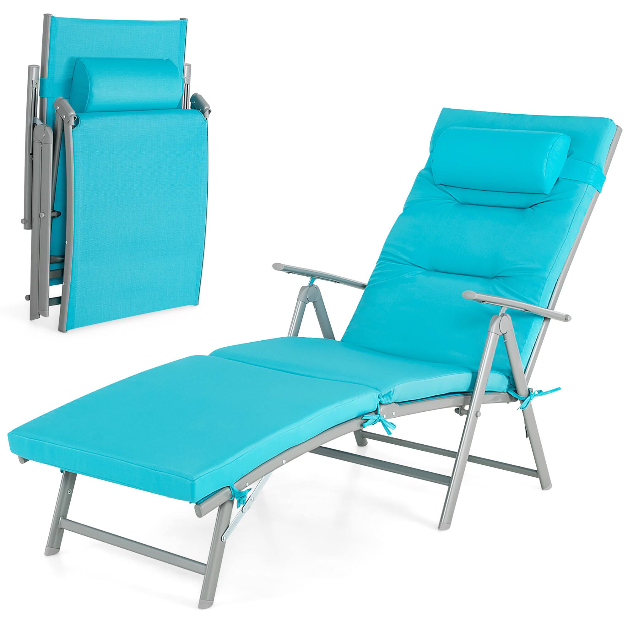 Front. Gymax - Gymax Folding Chaise Lounge Chair Recliner Cushion Pillow Adjustable Outdoor Turquoise - Turquoise.