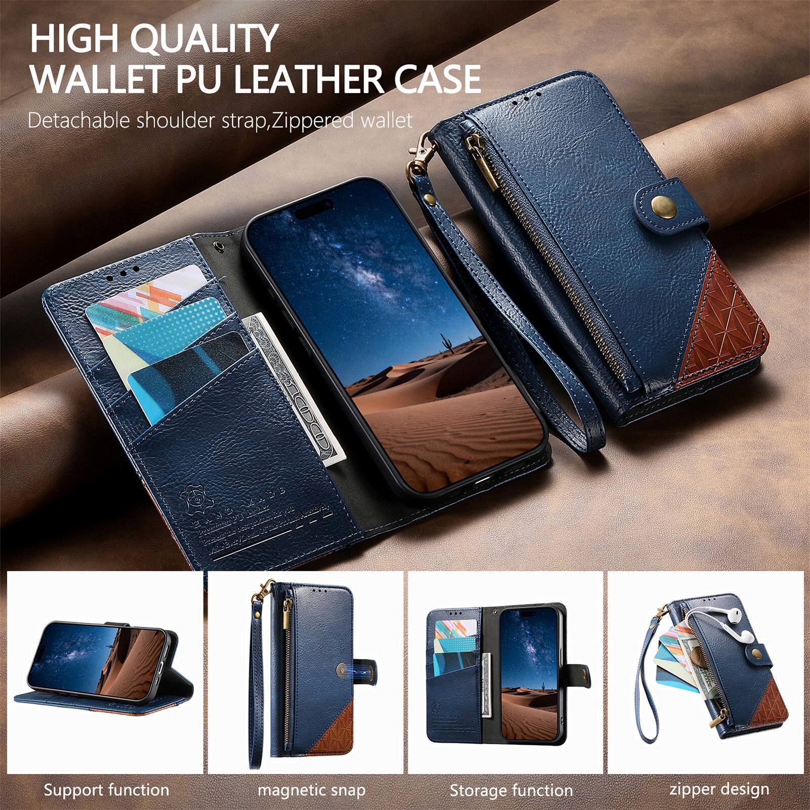 HIGH QUALITY WALLET PU LEATHER CASE  
Detachable shoulder strap, Zippered wallet  

Support function  
magnetic snap  
Storage function  
zipper design