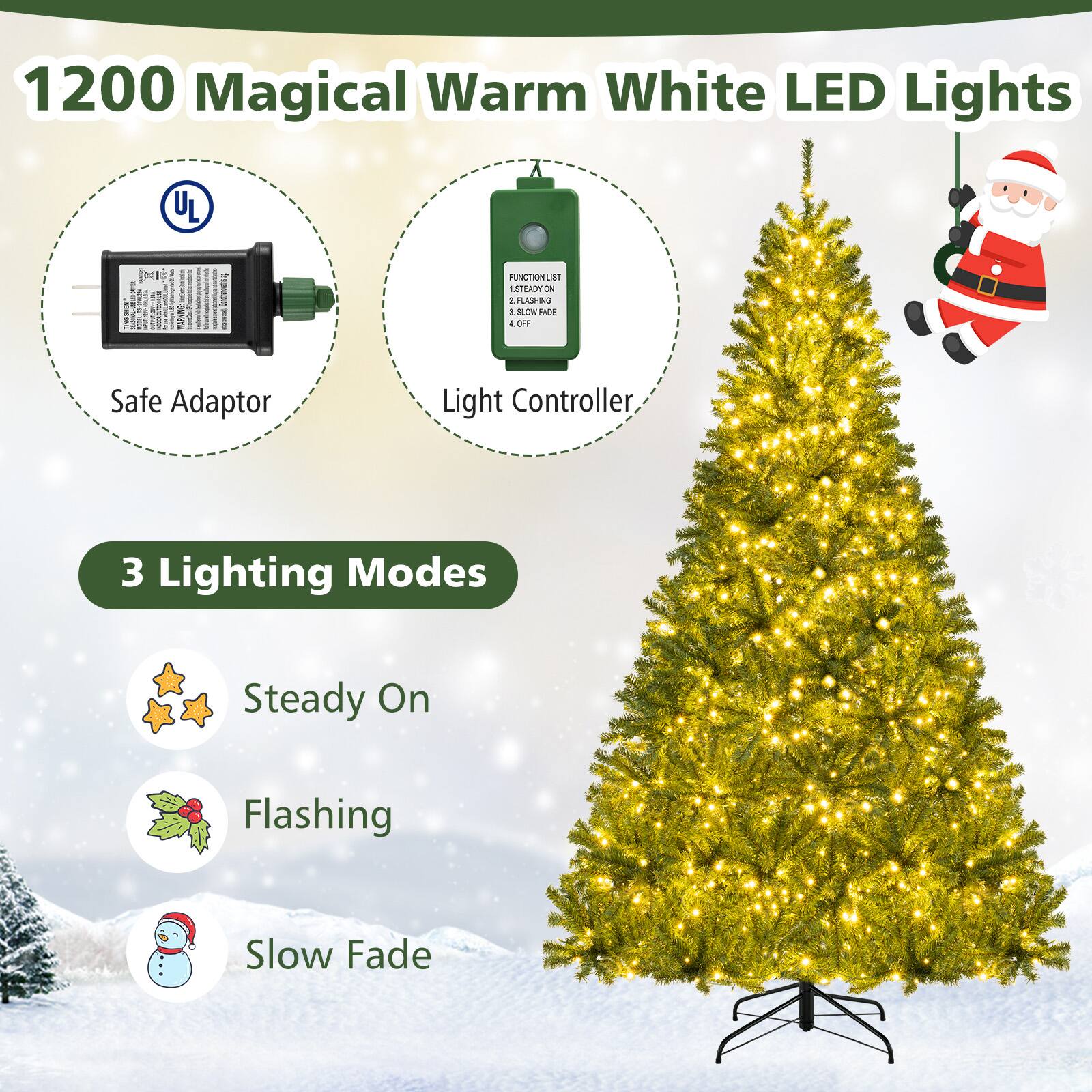 1200 Magical Warm White LED Lights

Safe Adaptor

Light Controller

3 Lighting Modes

- Steady On
- Flashing
- Slow Fade