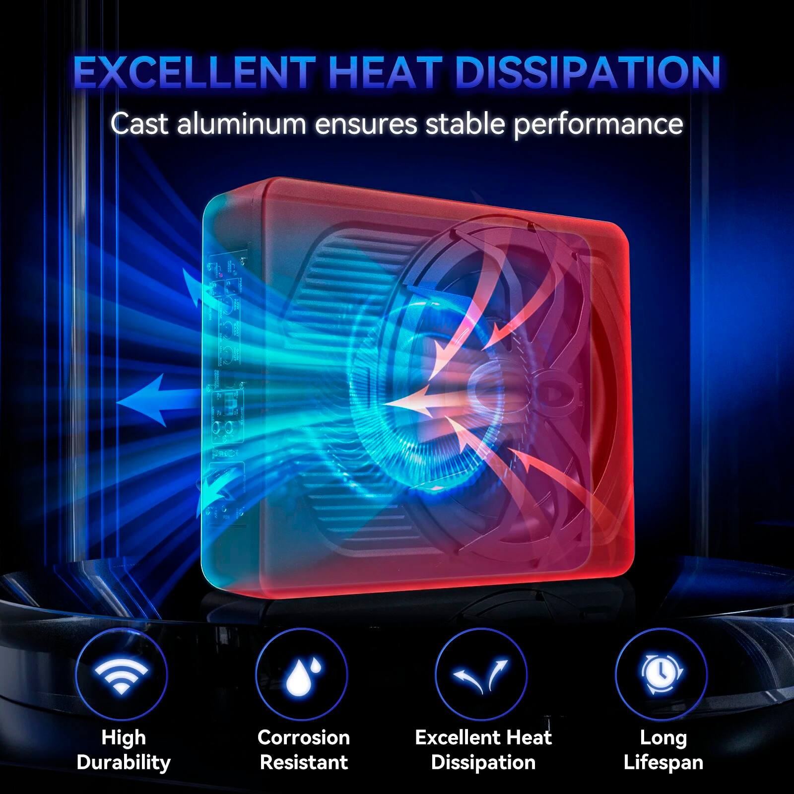 EXCELLENT HEAT DISSIPATION  
Cast aluminum ensures stable performance  

- High Durability  
- Corrosion Resistant  
- Excellent Heat Dissipation  
- Long Lifespan