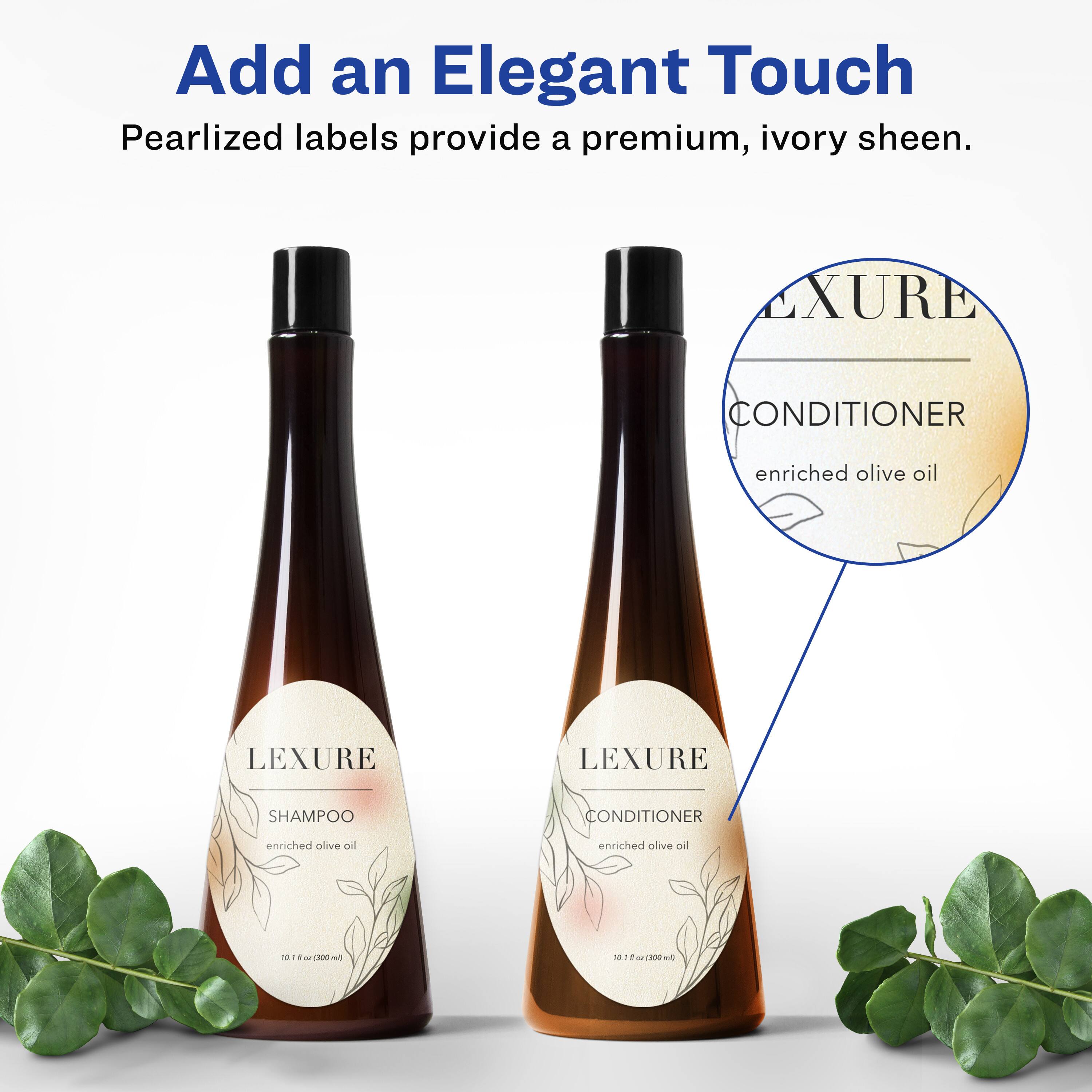 Add an Elegant Touch  
Pearlized labels provide a premium, ivory sheen.

LEXURE SHAMPOO  
enriched olive oil

LEXURE CONDITIONER  
enriched olive oil
