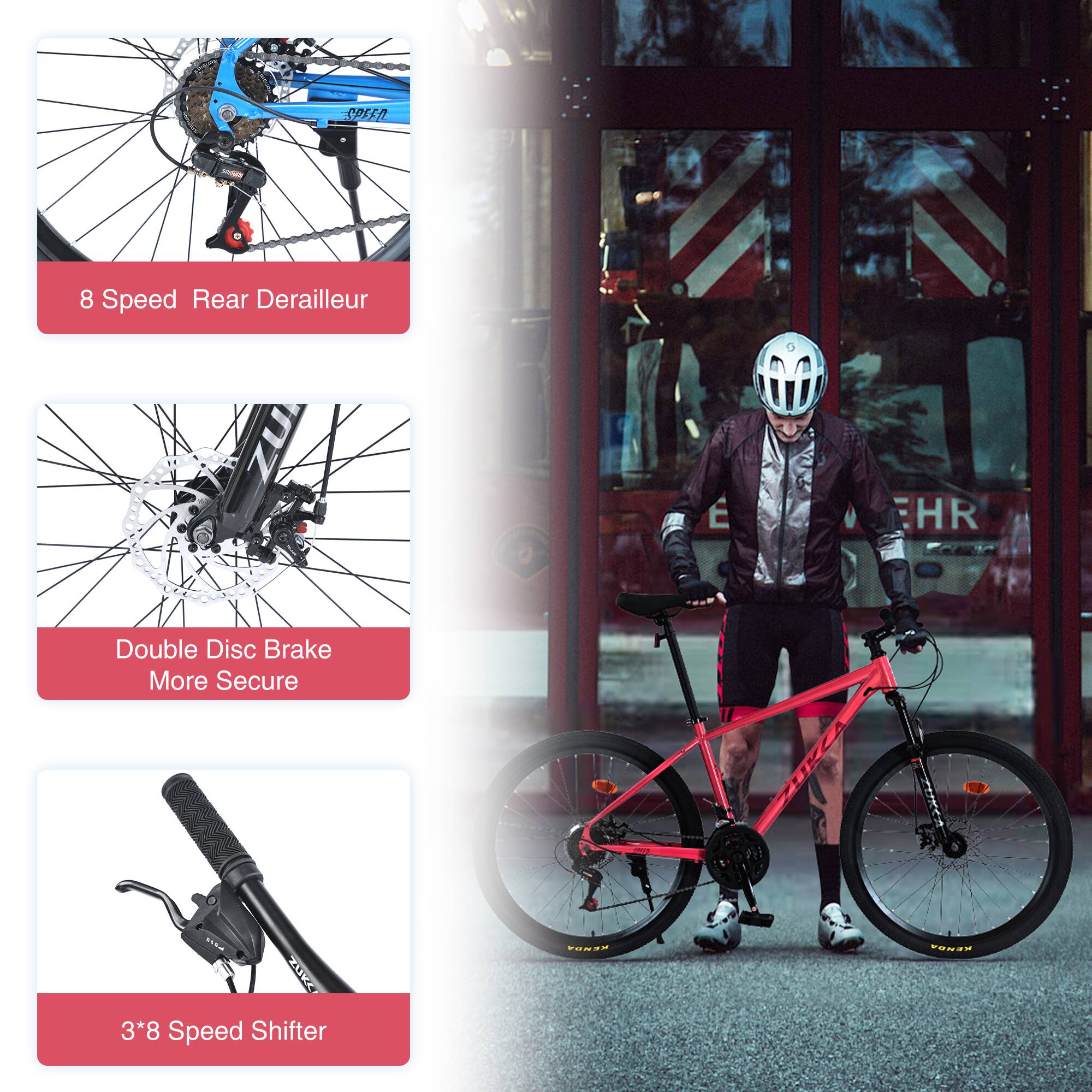 - 8 Speed Rear Derailleur
- Double Disc Brake More Secure
- 3*8 Speed Shifter