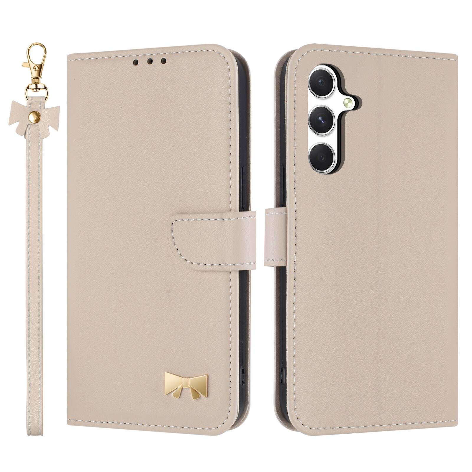 Front. Dteck - For Samsung Galaxy A37 5G Premium Leather Cute Bow-knot Card Slot Kickstand Flip Wallet Case With Crossbody/Wrist Strap - Apricot.