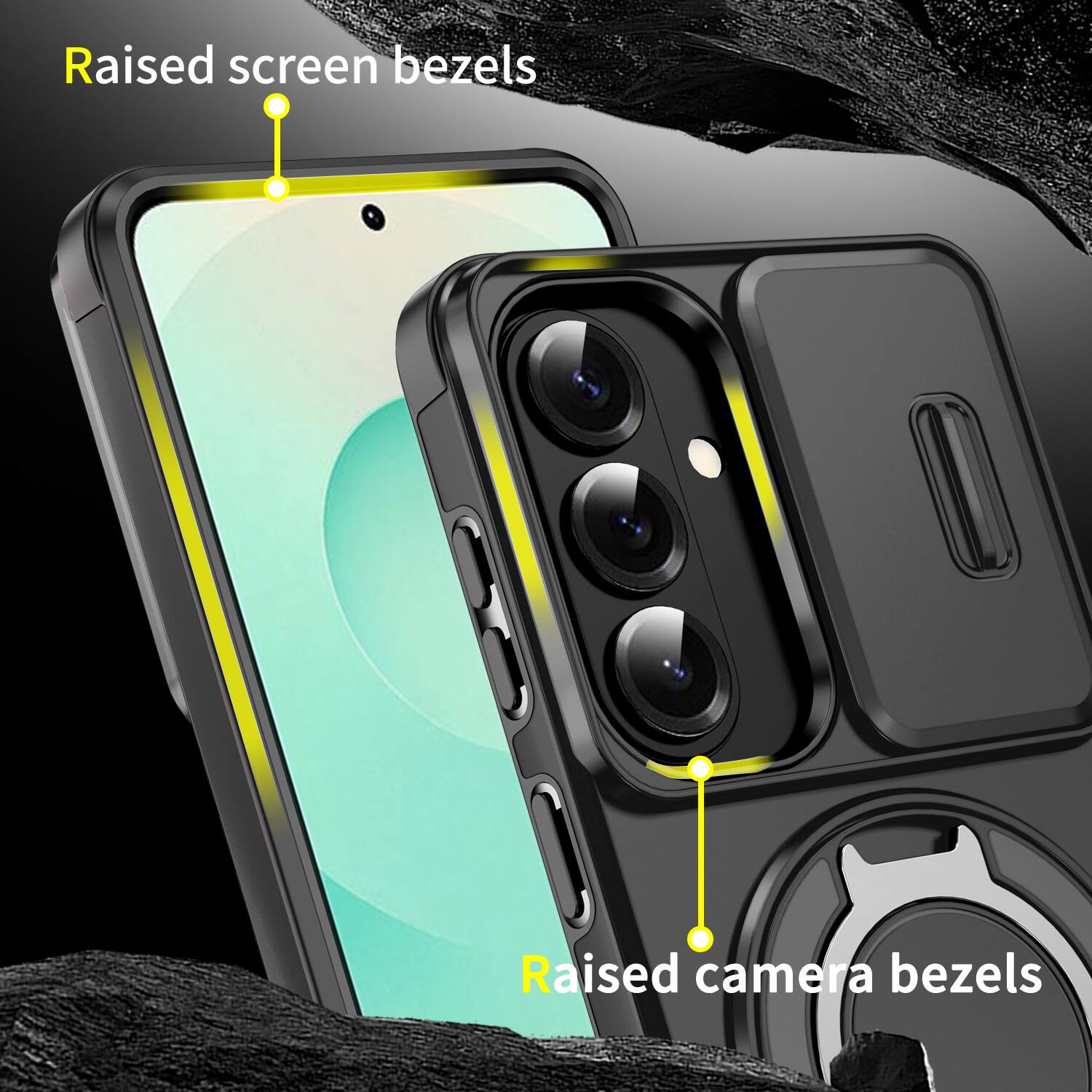 Raised screen bezels  
Raised camera bezels