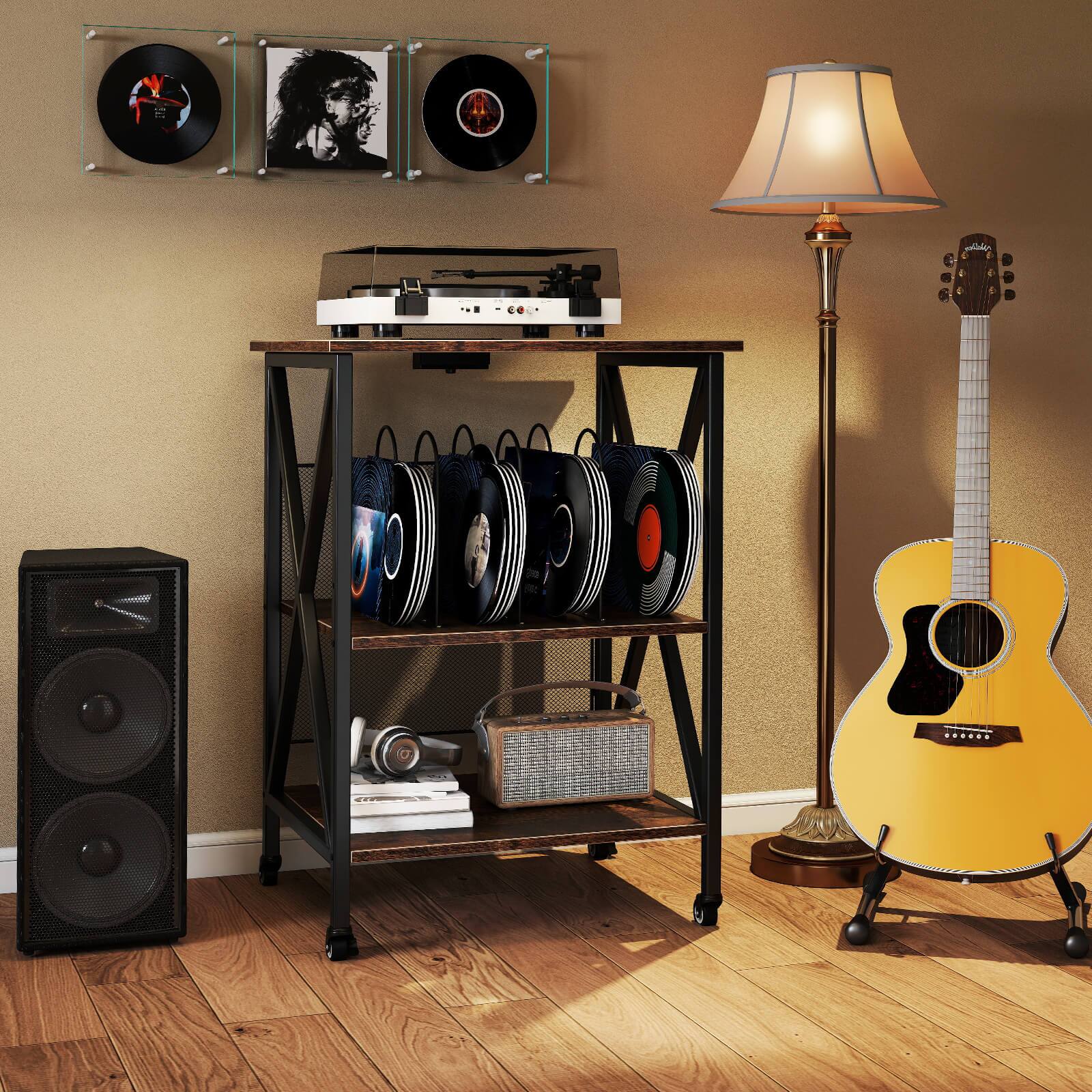 Alt View 3. Costway - Costway 3-tier Record Player Stand with Metal Dividers Adjustable Shelf & Power Outlets - Brown.