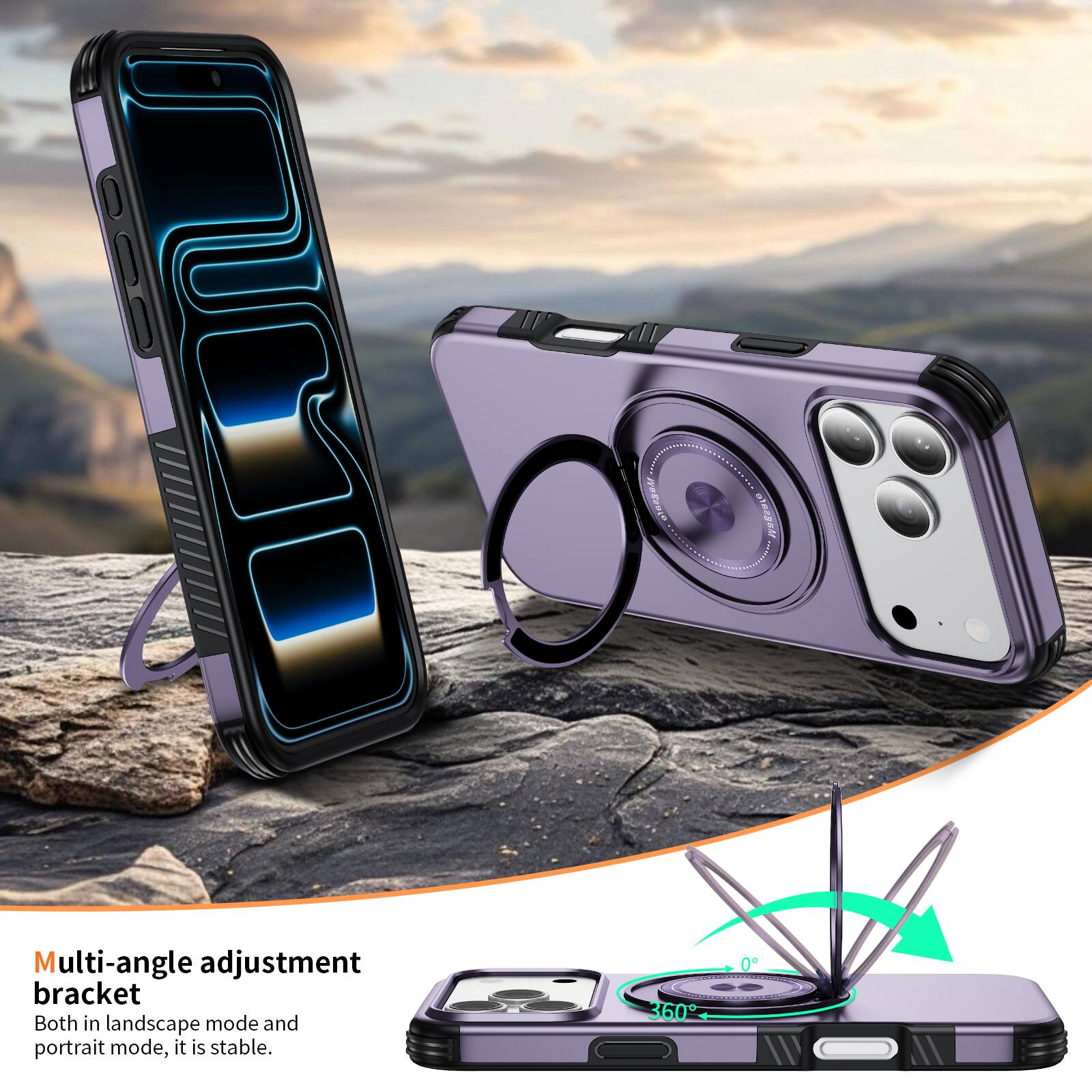 Multi-angle adjustment bracket  
Both in landscape mode and portrait mode, it is stable.  
360°