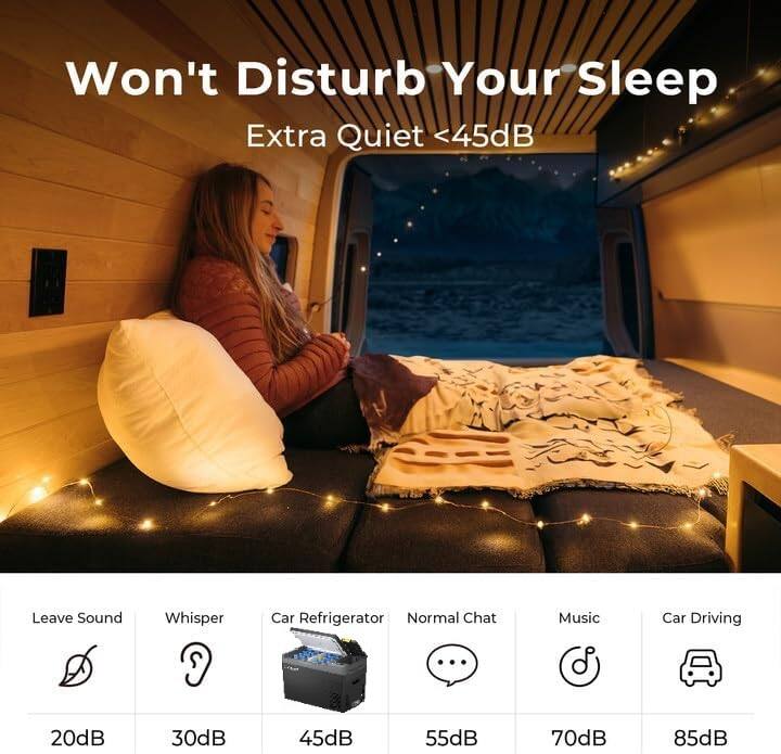 Won't Disturb Your Sleep  
Extra Quiet <45dB  

Leave Sound: 20dB  
Whisper: 30dB  
Car Refrigerator: 45dB  
Normal Chat: 55dB  
Music: 70dB  
Car Driving: 85dB
