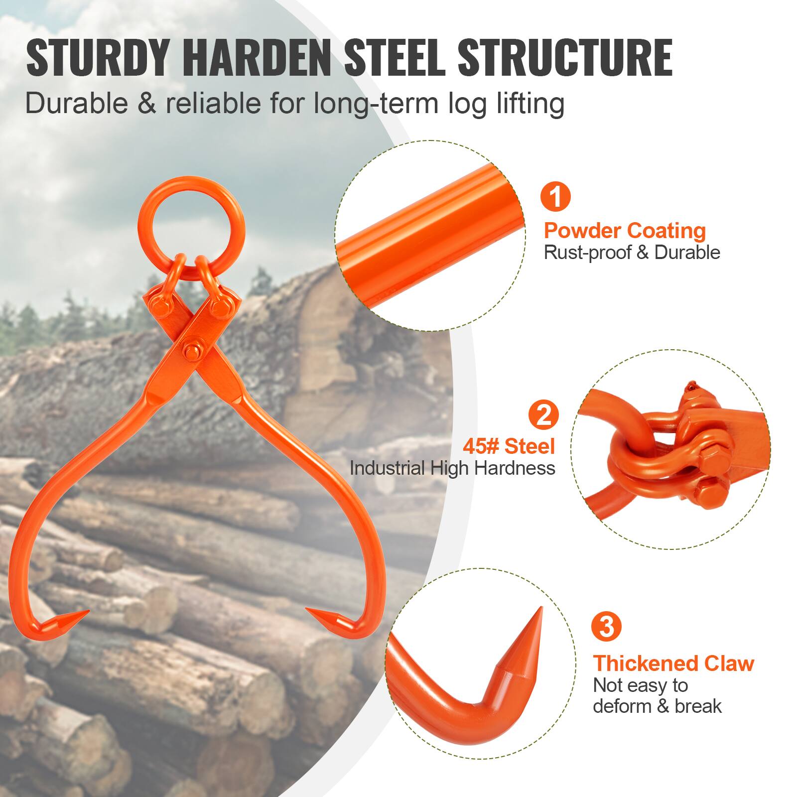 STURDY HARDEN STEEL STRUCTURE  
Durable & reliable for long-term log lifting  

1. Powder Coating  
Rust-proof & Durable  

2. 45# Steel  
Industrial High Hardness  

3. Thickened Claw  
Not easy to deform & break