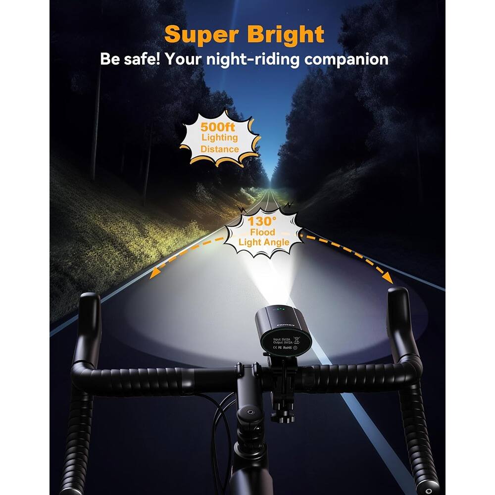 Super Bright  
Be safe! Your night-riding companion  

500ft Lighting Distance  
130° Flood Light Angle
