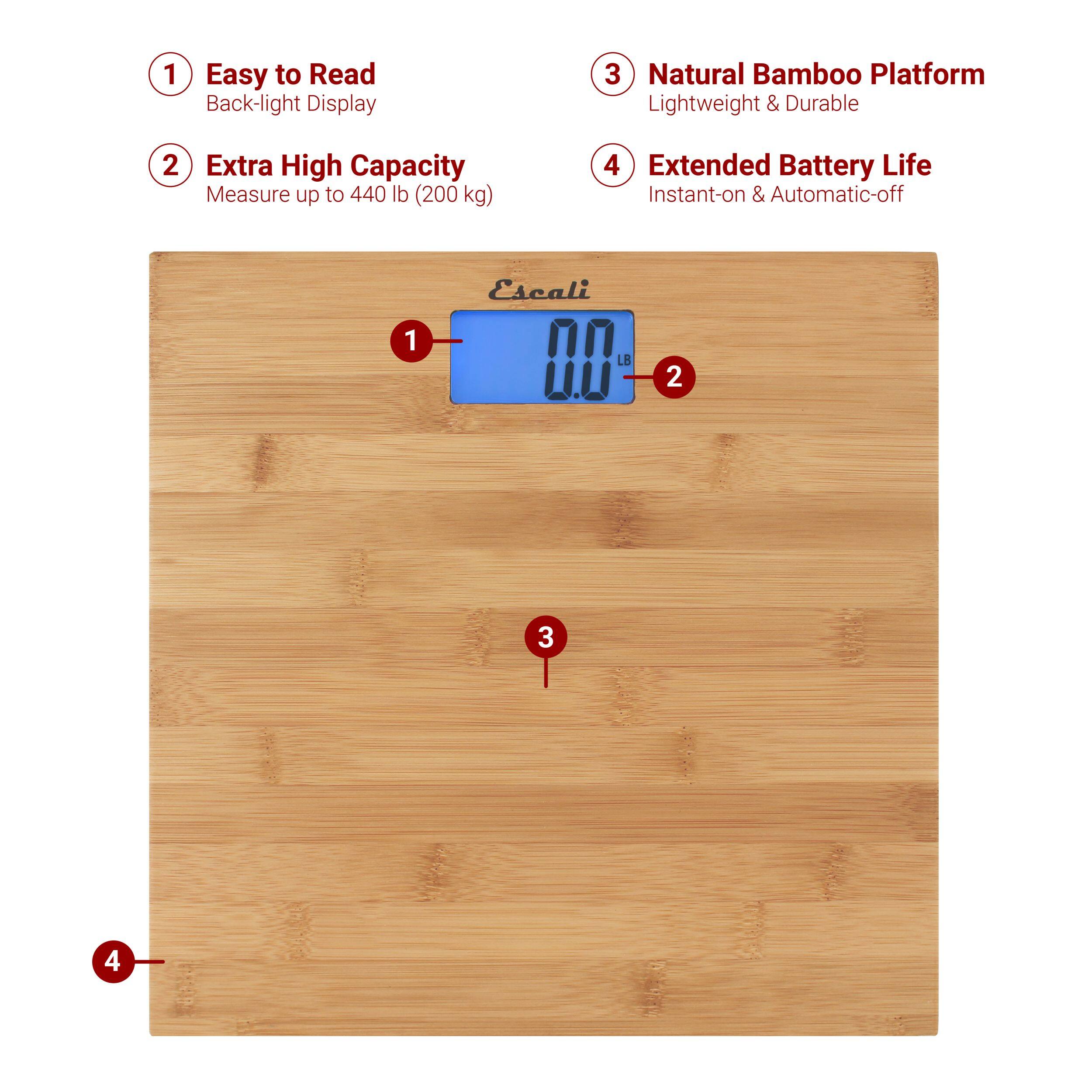 1 Easy to Read Back-light Display
2 Extra High Capacity Measure up to 440 lb (200 kg)
3 Natural Bamboo Platform Lightweight & Durable
4 Extended Battery Life Instant-on & Automatic-off