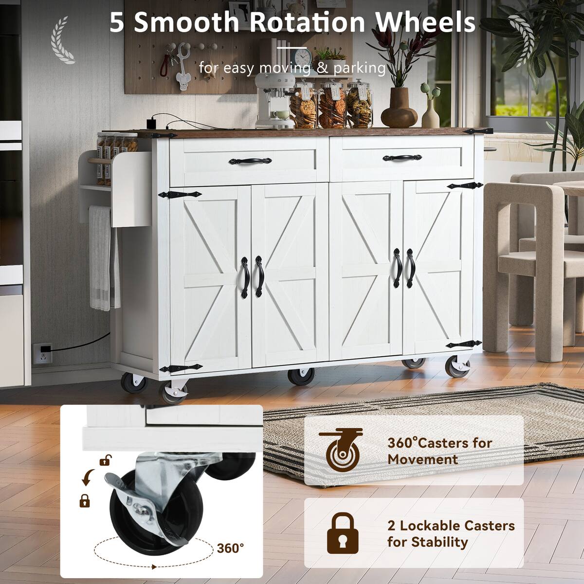 5 Smooth Rotation Wheels for easy moving & parking

360° Casters for Movement

2 Lockable Casters for Stability