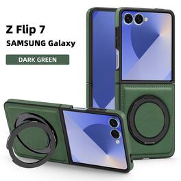 Dteck - Leather Case for Samsung Galaxy Z Flip 7,Shockproof Compatible with Mag Safe 360 Rotation Ring Kickstand Cover - Darkgreen