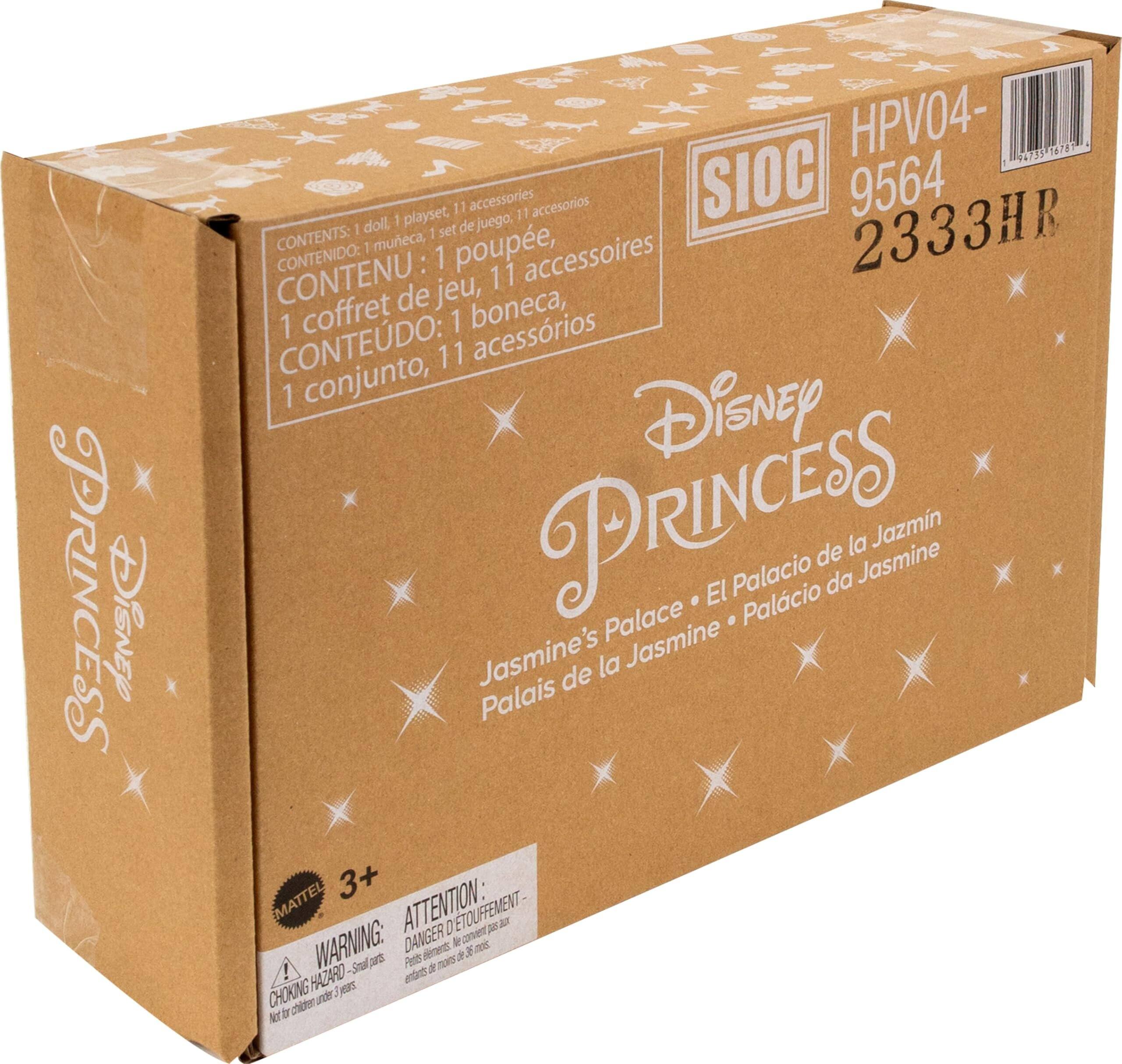 PRINCESS Disney  
HPV04- 16781 94735 1 playset, 11 accessories 17 accesorios SIOC 9564 doll, 1 de juego, 1 1 set 2333HR  
CONTENTS: 1 doll, 1 playset, 11 accessories  
CONTENIDO: 1 muñeca, 1 set de juego, 11 accesorios  
CONTENU: 1 poupée, 1 coffret de jeu, 11 accessoires de jeu  
CONTEÚDO: 1 boneca, 1 conjunto, 11 acessórios  
Disney PRINCESS Jasmine's Palace • El Palacio de la Jasmine • Palais de la Jasmine • Palácio da Jasmine  
3+  
MATTEL  
ATTENTION: DANGER Ne convient pas aux enfants de moins de 36 mois.  
WARNING: -Small parts. Petits éléments. Not for children under 3 years.
